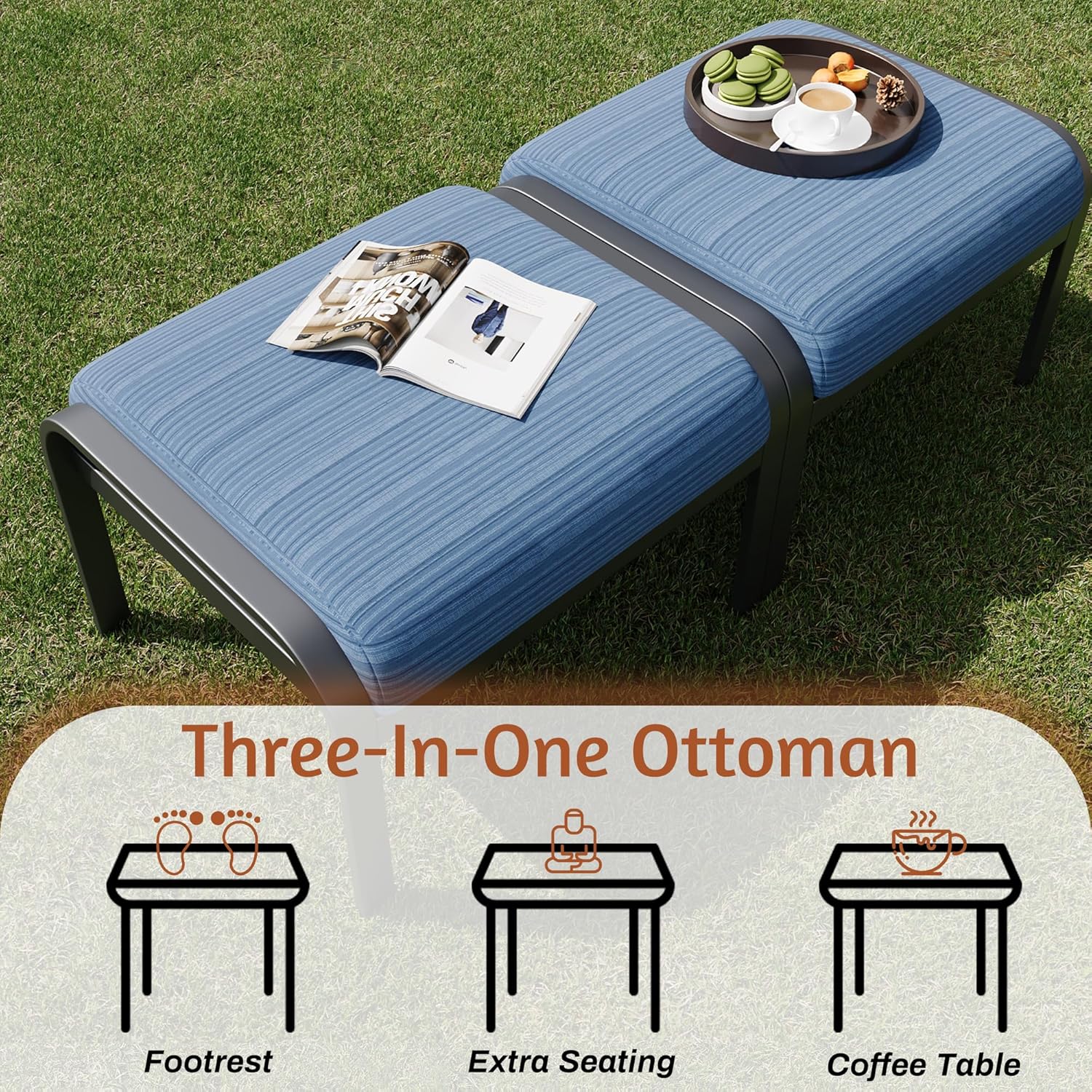 HOMREST Metal Outdoor Ottoman, 2-Piece Aluminum Footstool w/Removable Cushion, Multipurpose Footrest Stool Additional Seating, Set of 2 Outdoor Ottomans for Patio Deck (Blue)