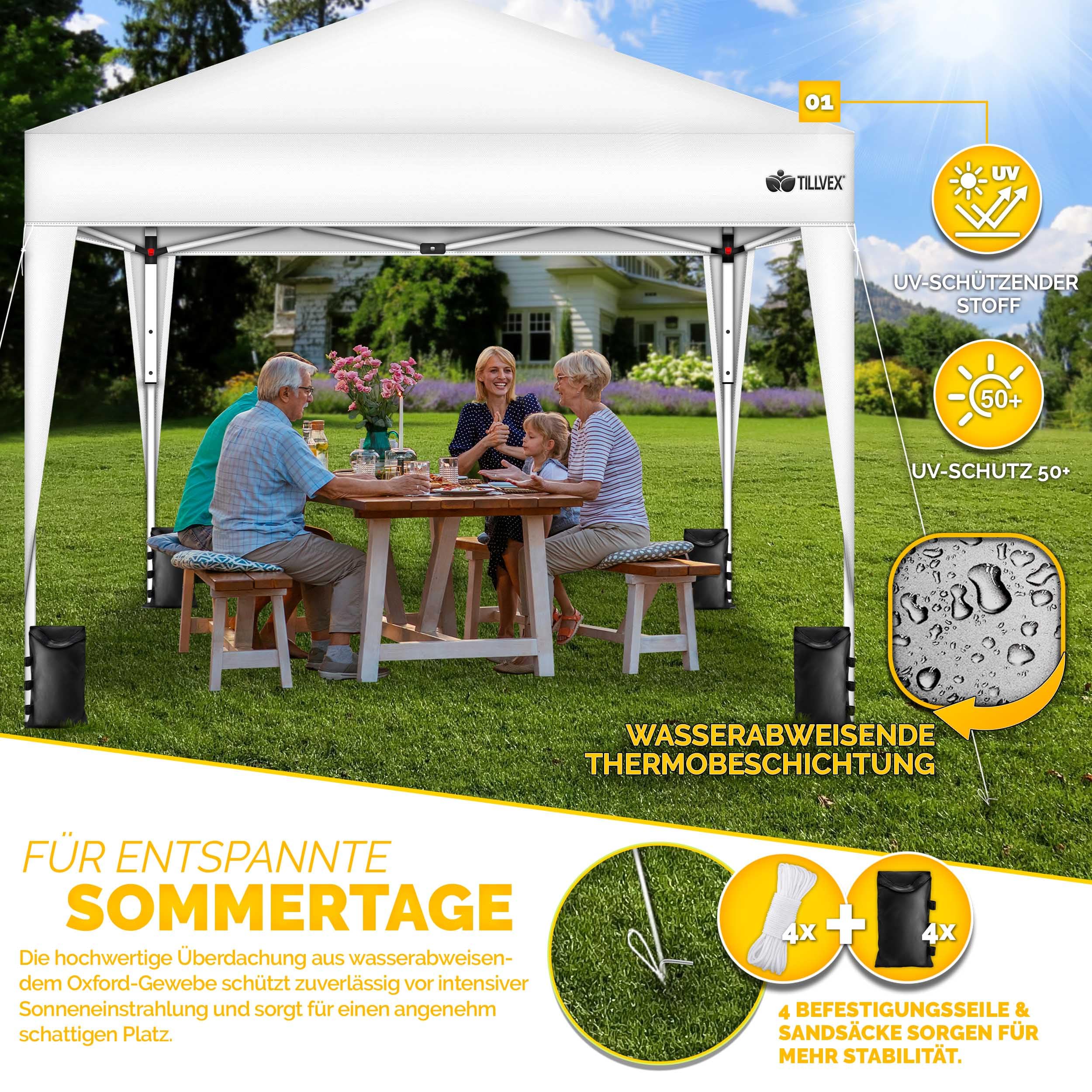 Tillvex Gazebo 3x3m Impermeabile Pieghevole Pop-Up Regolabile in Altezza con Protezione UV 50+ Tenda da Giardino Bianco