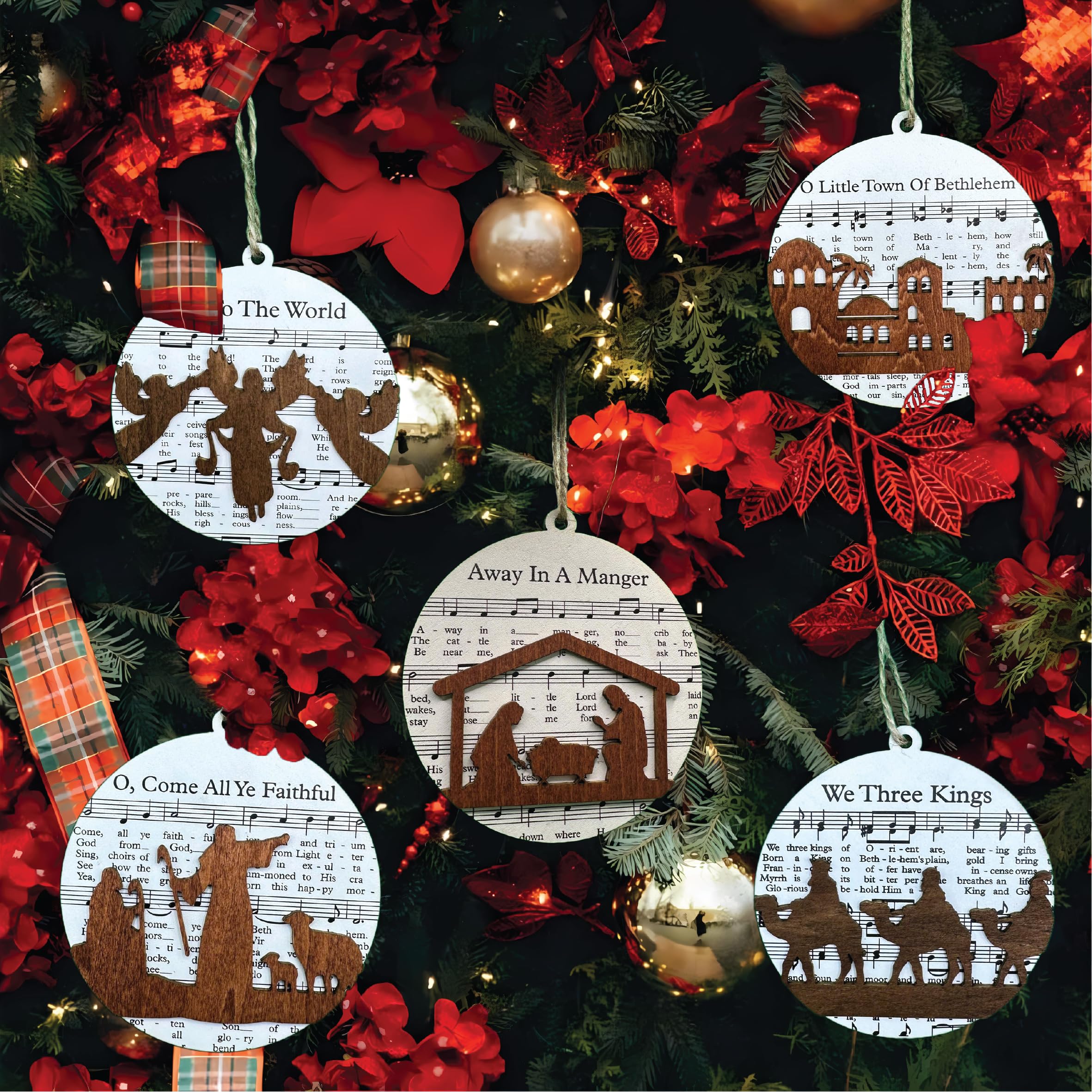 Amazon.com: Set 5 Christian Christmas Tree Ornament, 5 Wooden Music Sheet Nativity Ornaments ...