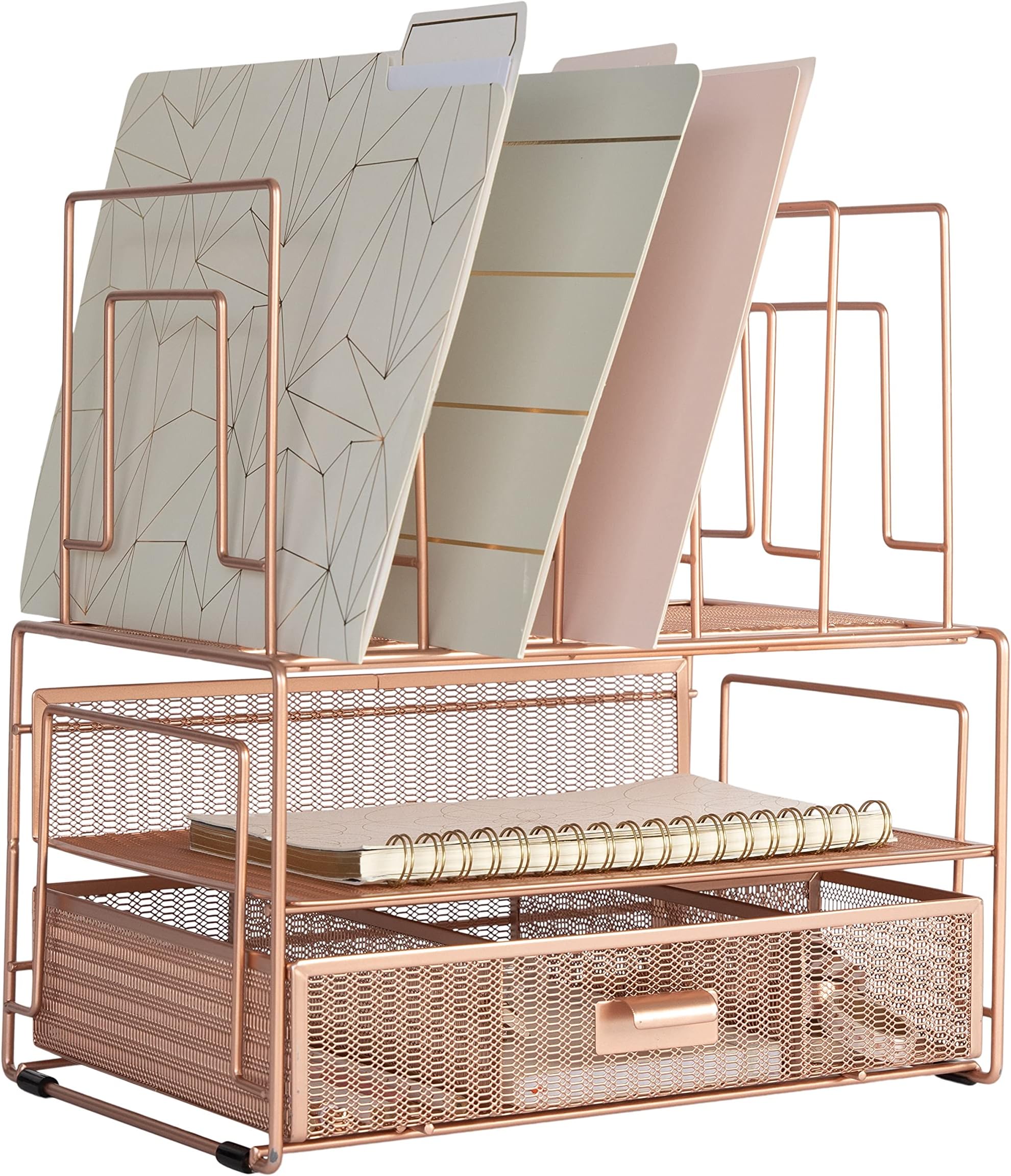 Blu MonacoWorkspace Rose Gold Desk Organizers and Storage Accessories Desktop Rack File Organizer with File sorters and Drawer for Office Supplies, Paper, Device and Folder