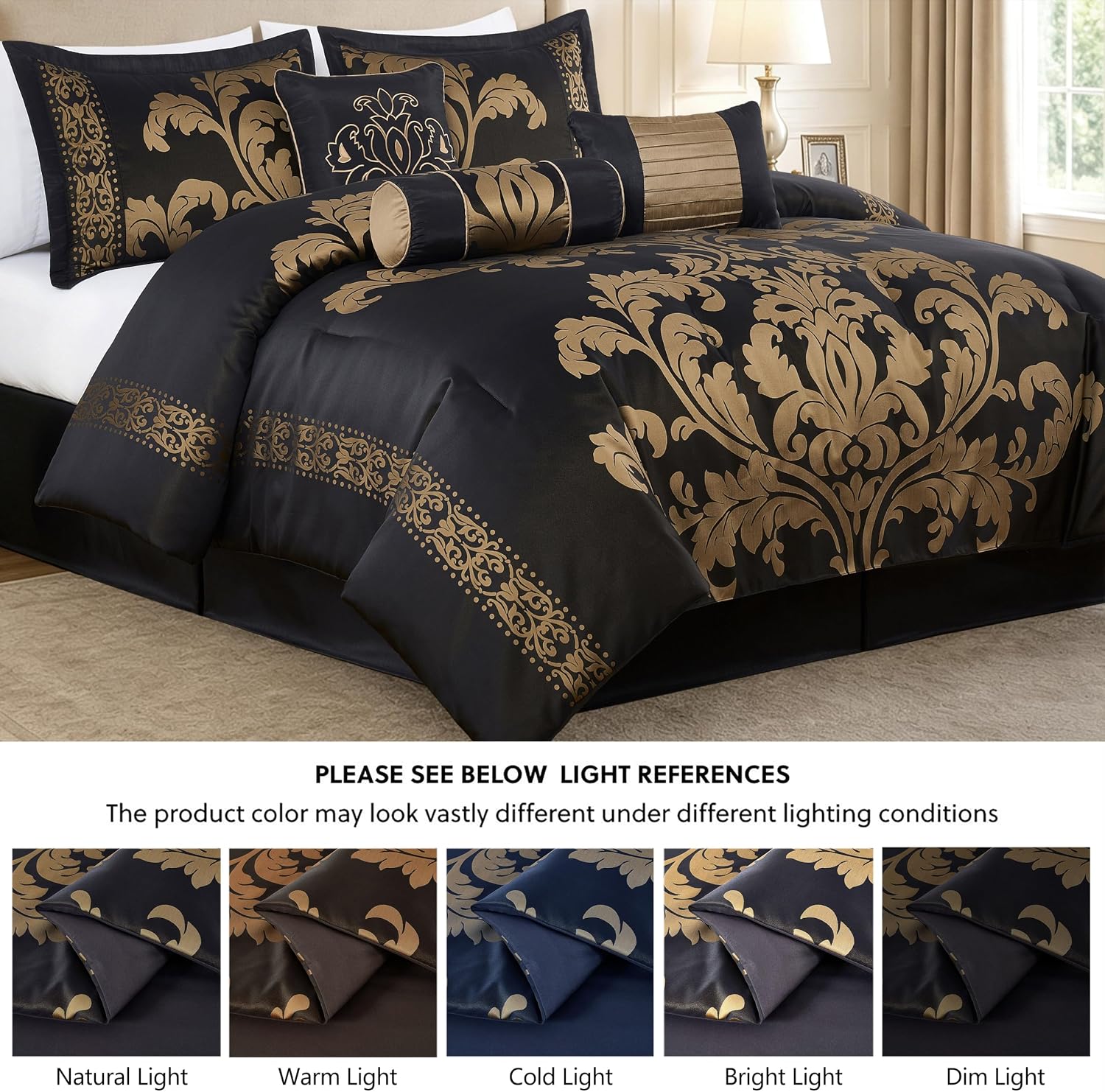 Chezmoi Collection 7-Piece Royale Jacquard Floral Comforter Set, Full/Double, Black/Gold image 5