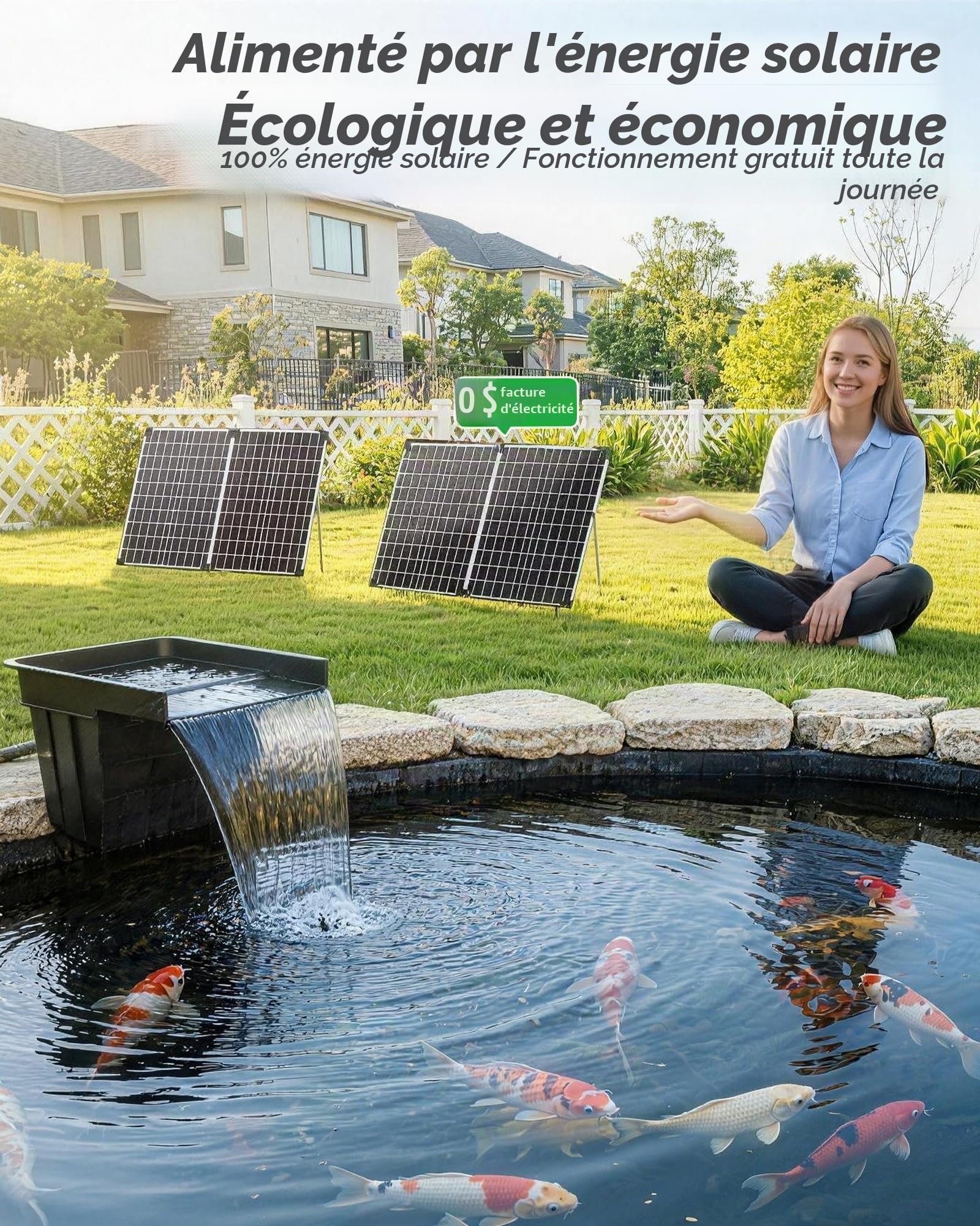 POPOSOAP Cascade d’étang solaire avec panneau solaire 120W & pompe 6000 L/h, tuyau ondulé 3m, média filtrants, cascade pour étang de jardin extérieur, ruisseaux