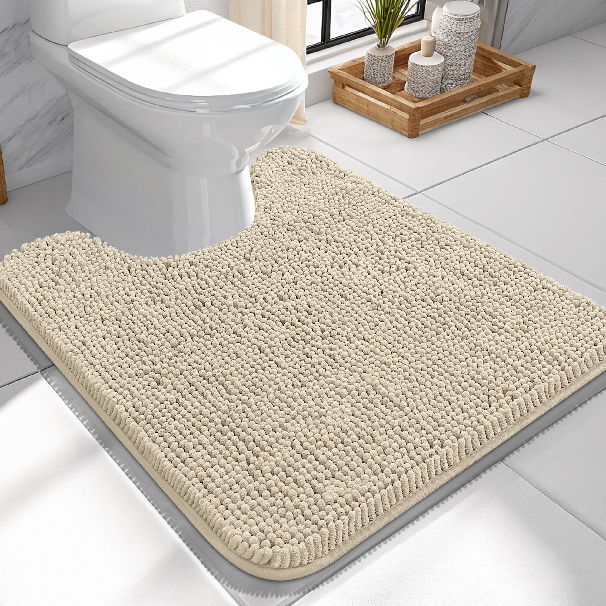 OLANLY Toilet Rugs U-Shaped 24x24, Soft Absorbent Chenille Contour Rugs | Sand, Quick-Drying Rubber Backing, Machine Washable Non-Slip Shaggy Bathroom Mat for Toilet, Home Decor Accessories