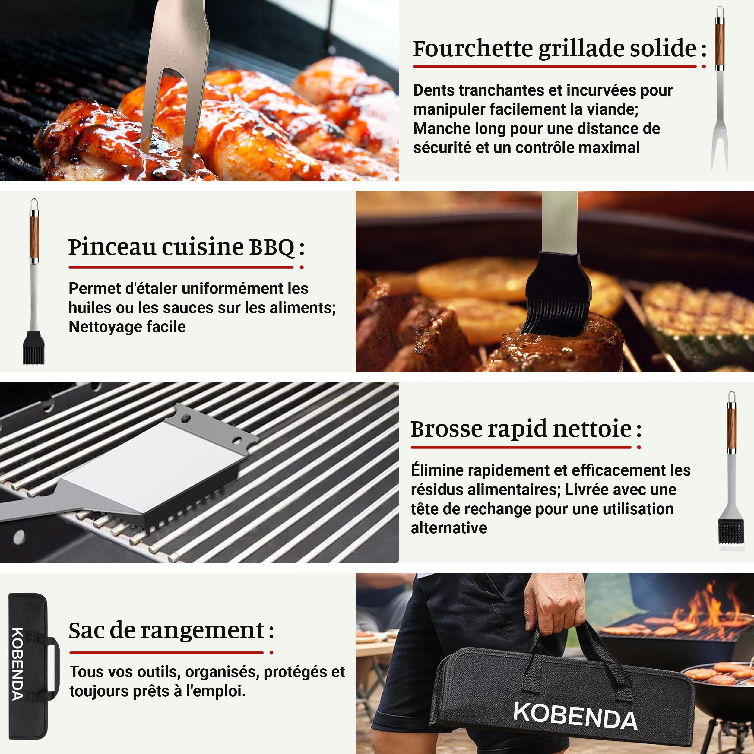 Kit Barbecue Complet 7 Pièces Acier Inoxydable avec Sac de Rangement