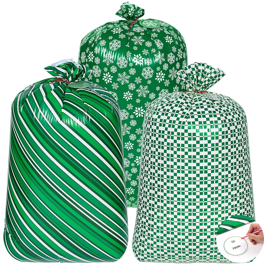 JOYIN 3 Extra Large Christmas Green Plastic Gift Bags 56x36, Xmas Jumbo Oversized Big Santa Bag for Present Wrapping, Holiday Presents, Christmas Huge Gifts Decorations