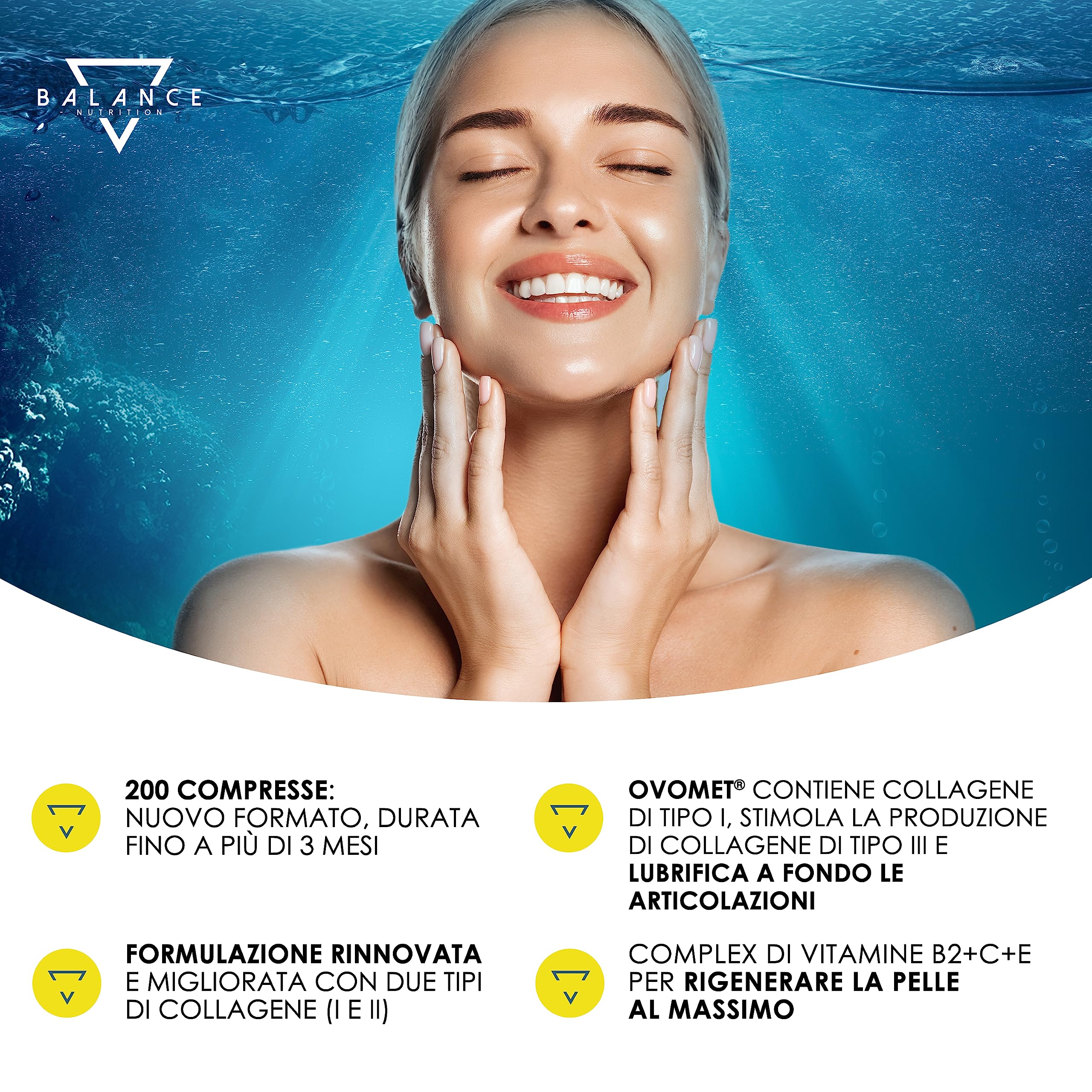 COLLAGENE MARINO® - 200 Compresse (fino a 7 mesi di fornitura) con Acido Ialuronico | Collagene di tipo I, II e III con Complex di 7 attivi, Ovomet®, Vitamina C e Coenzima Q10