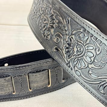 Walker & Williams LIF-02 Distressed Black Handmade Leather Padded Guitar Strap with Western Sheridan Tooling For Acoustic, Electric, And Bass Guitars