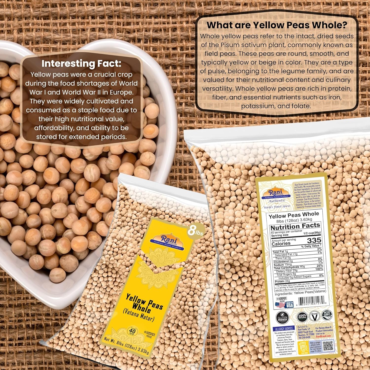 Rani Yellow Peas Whole, Dried (Vatana, Matar) 128oz (8lbs) 3.63kg Bulk ~ All Natural | Vegan | Gluten Friendly | Product of USA