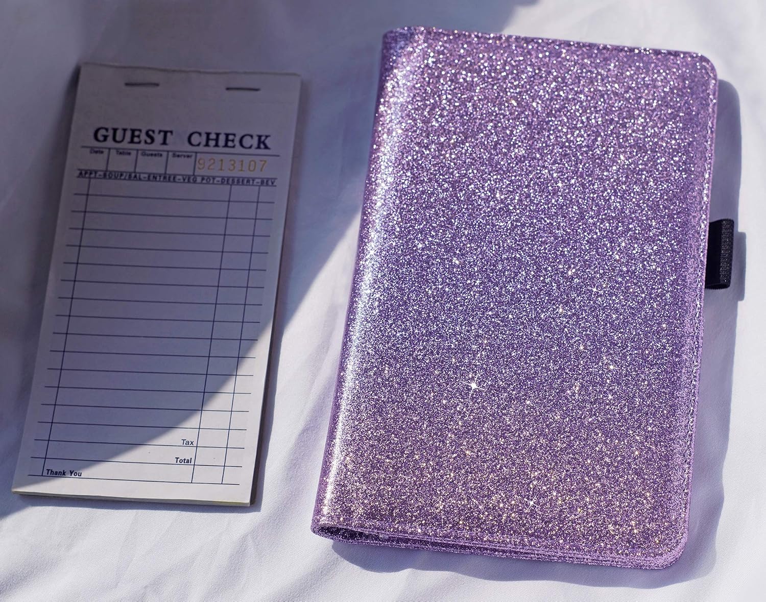 Cfeclog 5x9" Server Book for Waitress Book with Zipper Pocket, Magnetic Restaurant Server Booklet Cute Waitress Wallet Server Order Book Waitstaff Book for High Volume (Glitter Purple)