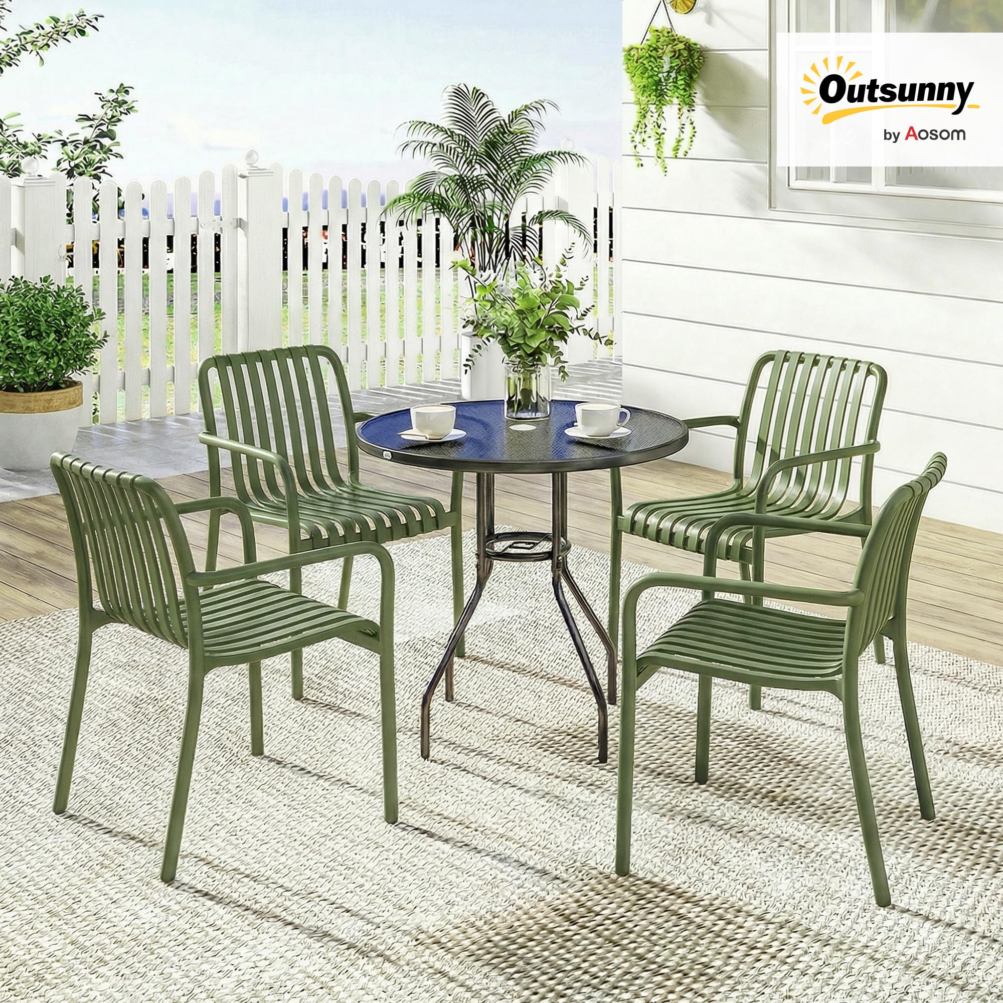 Outsunny Set 4 Sedie da Giardino Impilabili in PP Anti UV, Sedie per Esterno con Schienale Ergonomico, 55x58.5x81.5 cm, Verde