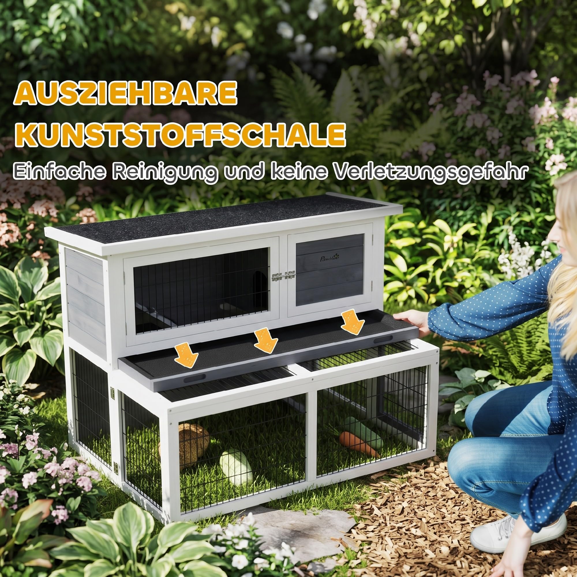 PawHut Hasenstall mit Klappdach für Kaninchen/Hasen 122x95x93,5 cm Grau | 2 Ebenen,Kaninchenkäfig mit Freilaufgehege,Winterfest,Kleintierstall aus Vollholz,Kaninchenstall Outdoor,Doppelstockhaus