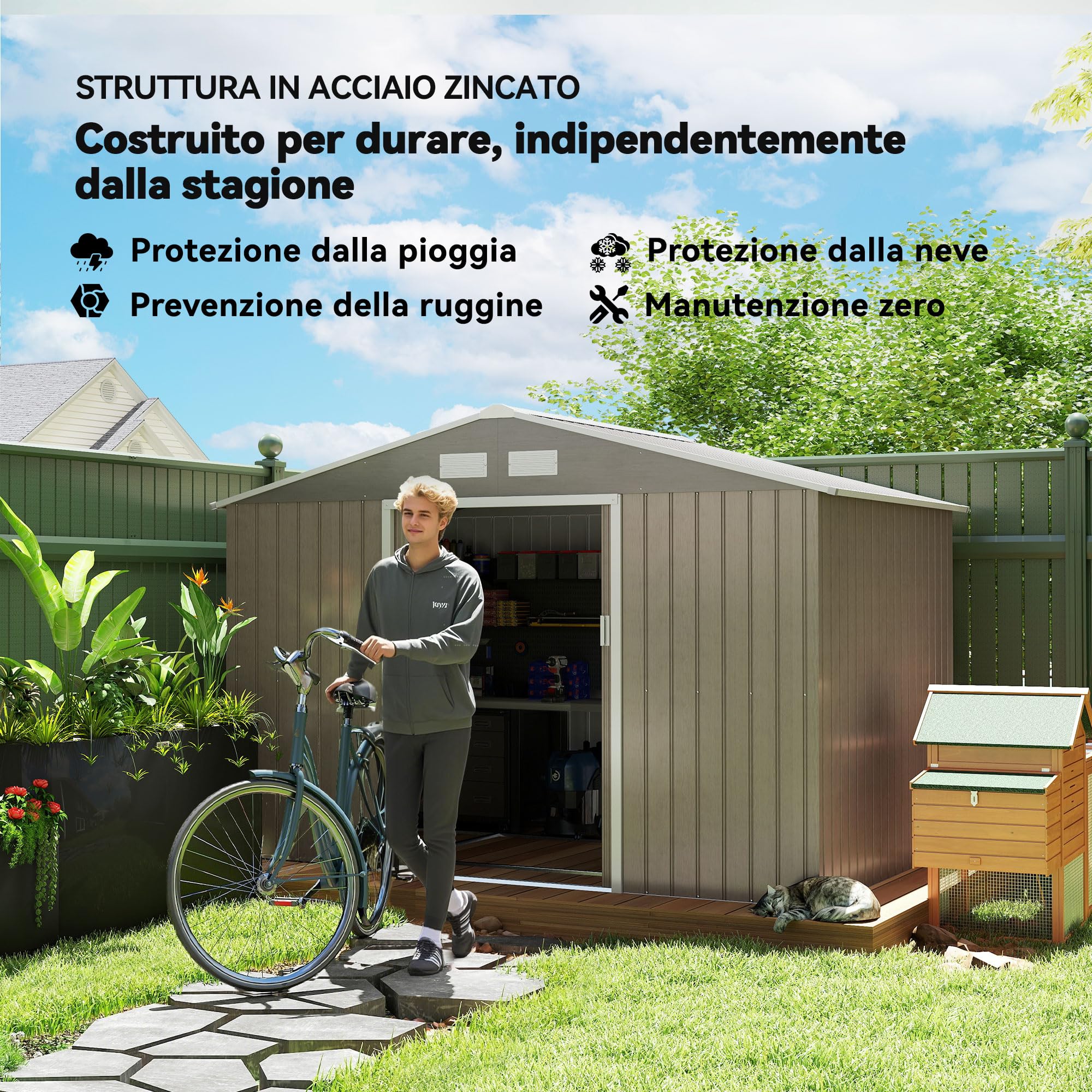 Outsunny Casetta da Giardino 5m² con Kit Fondazione Acciaio Marrone Chiaro | Acciaio Zincato, Prese d'Aria, Tetto Inclinato, Doppia Porta Scorrevole Bloccabile, Capanno Porta Attrezzi