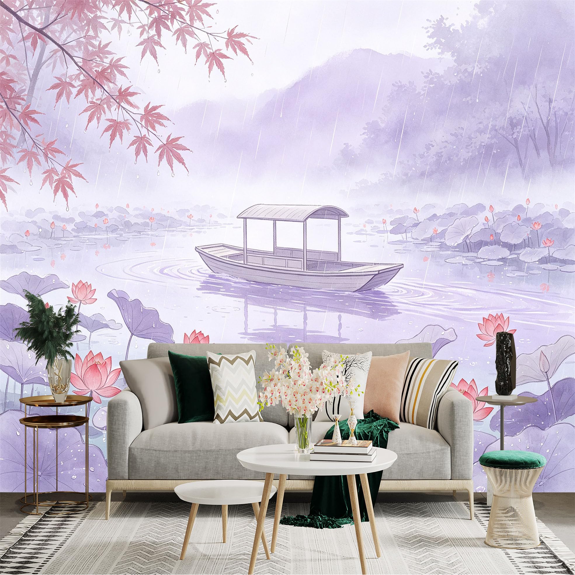 Custom Size Wall Sticker Mural， Rainy Lake with Pink Lotus Flowers， Serene Boat Scene， Zen Watercolor Art， for wall Decoration， peelandstick wall Decals.