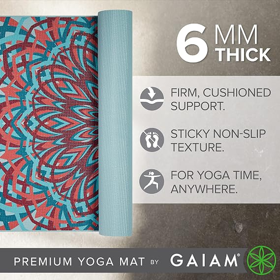 Gaiam Yoga Mat - Premium 6mm Print Extra-Thick Non-Slip Exercise & Fitness Mat for All Types of Yoga/Pilates/Floor Workouts Length 68 Inches x Width 24 Inches x Thickness 6mm