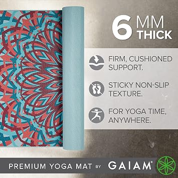 Gaiam Yoga Mat - Premium 6mm Print Extra-Thick Non-Slip Exercise & Fitness Mat for All Types of Yoga/Pilates/Floor Workouts Length 68 Inches x Width 24 Inches x Thickness 6mm