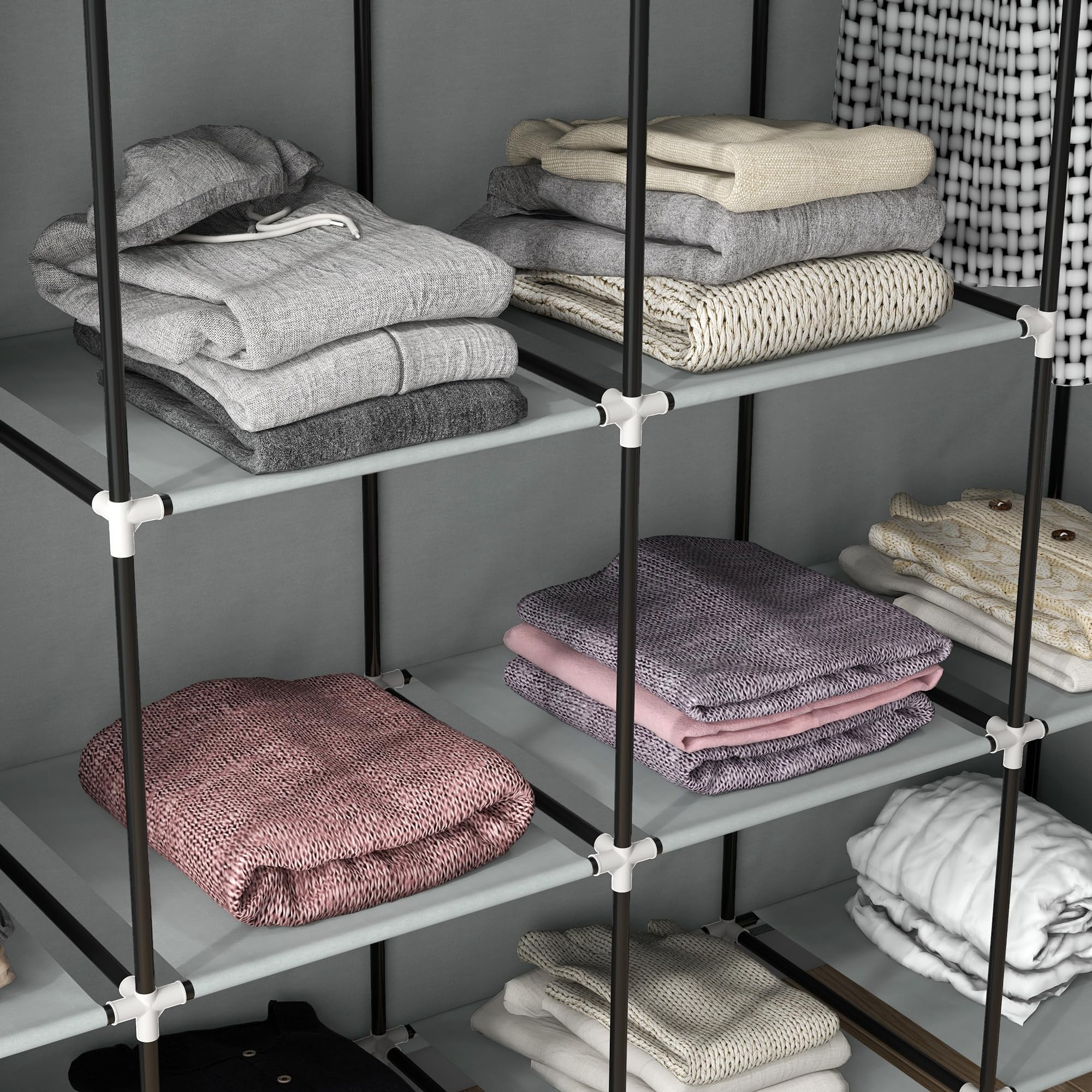 HOMCOM Kleiderschrank Stoffschrank mit Kleiderstange, Ablagen, Reißverschluss Stoffkleiderschrank Faltschrank für Ankleidezimmer Schlafzimmer, 166 x 42,5 x 169,5 cm Dunkelgrau