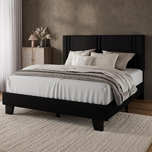 Miniatura 8 de iPormis Base de cama de plataforma Queen con cabecera tapizada de tela y patas gruesas, base de colchón con soporte de listones de madera maciza, no