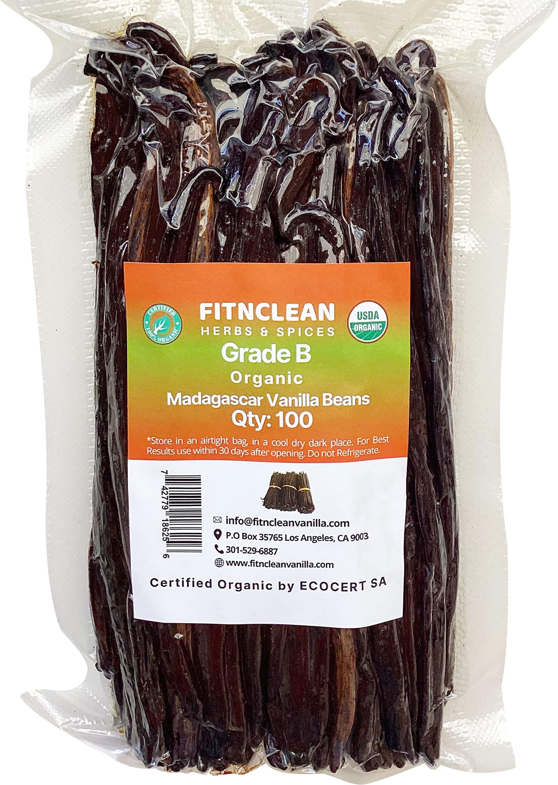 100 Organic Vanilla Beans Madagascar Grade B for extract, Cooking and Baking. Certified USDA Organic. 5"-7" by FITNCLEAN VANILLA| Whole NON-GMO Bourbon Pods