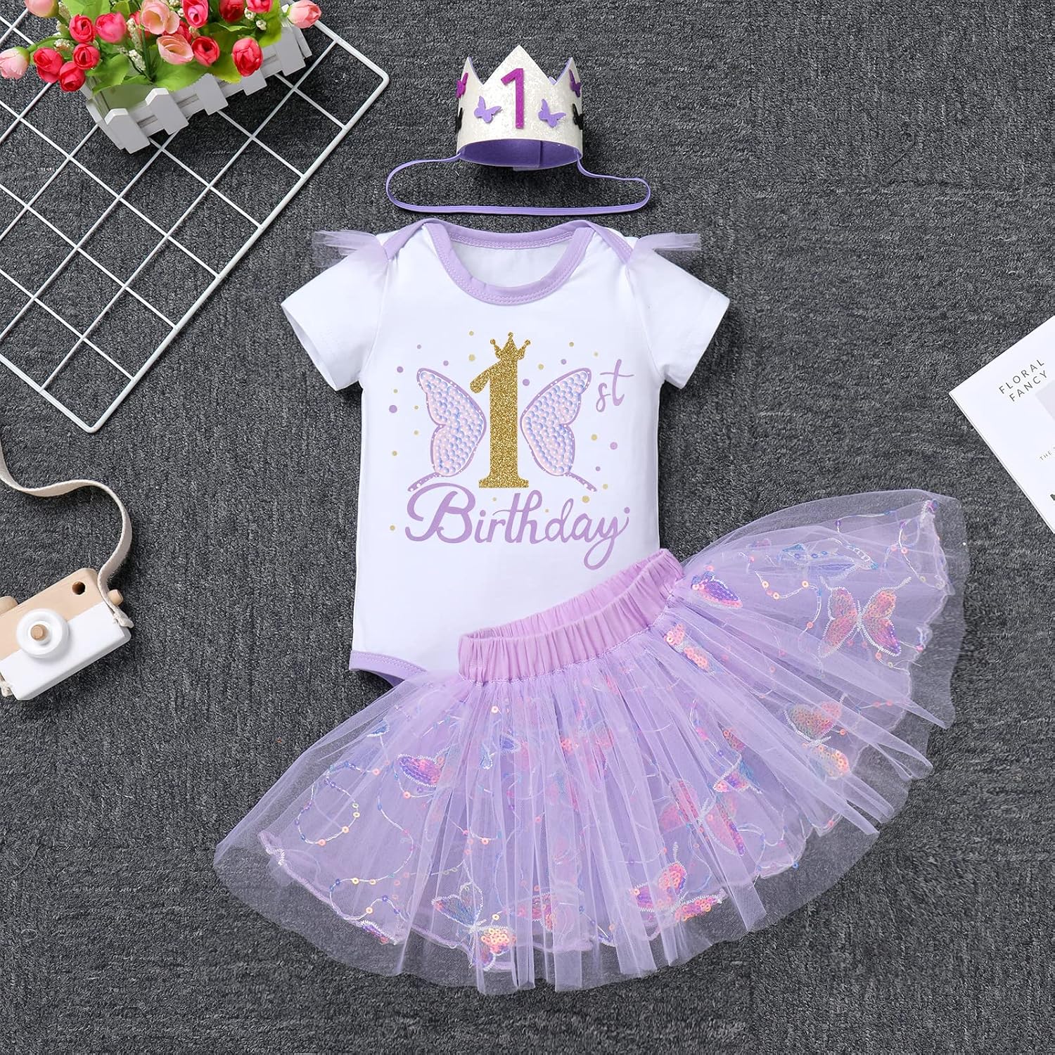 IBTOM CASTLE Baby Girl 1st Birthday Cake Smash Outfit Sequin Butterfly Romper Princess Tutu Dress Headband Photoshoot Clothes - Image 2