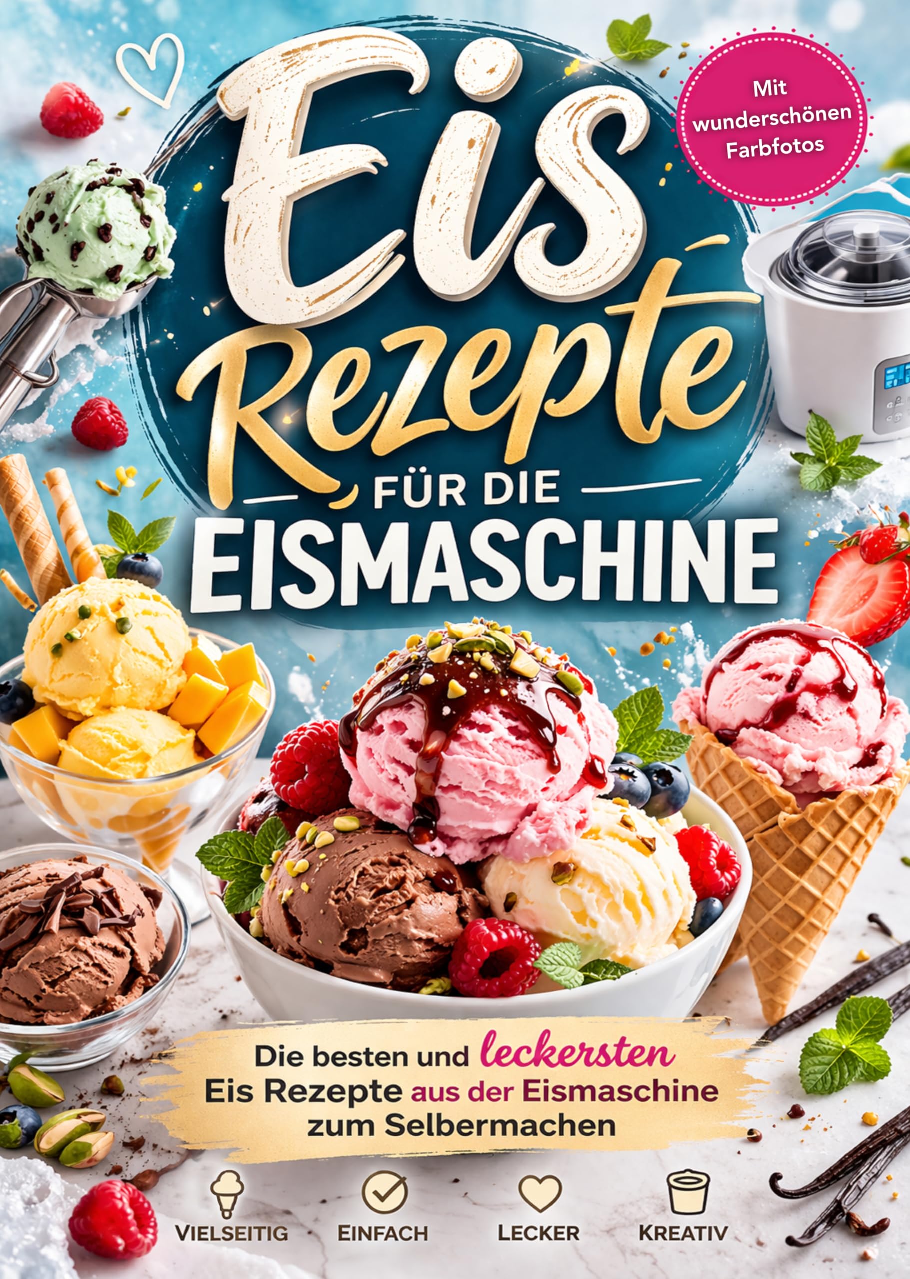 Eis Rezepte für die Eismaschine: Die besten und leckersten Eis Rezepte aus der Eismaschine zum Selbermachen | Vollbebildert