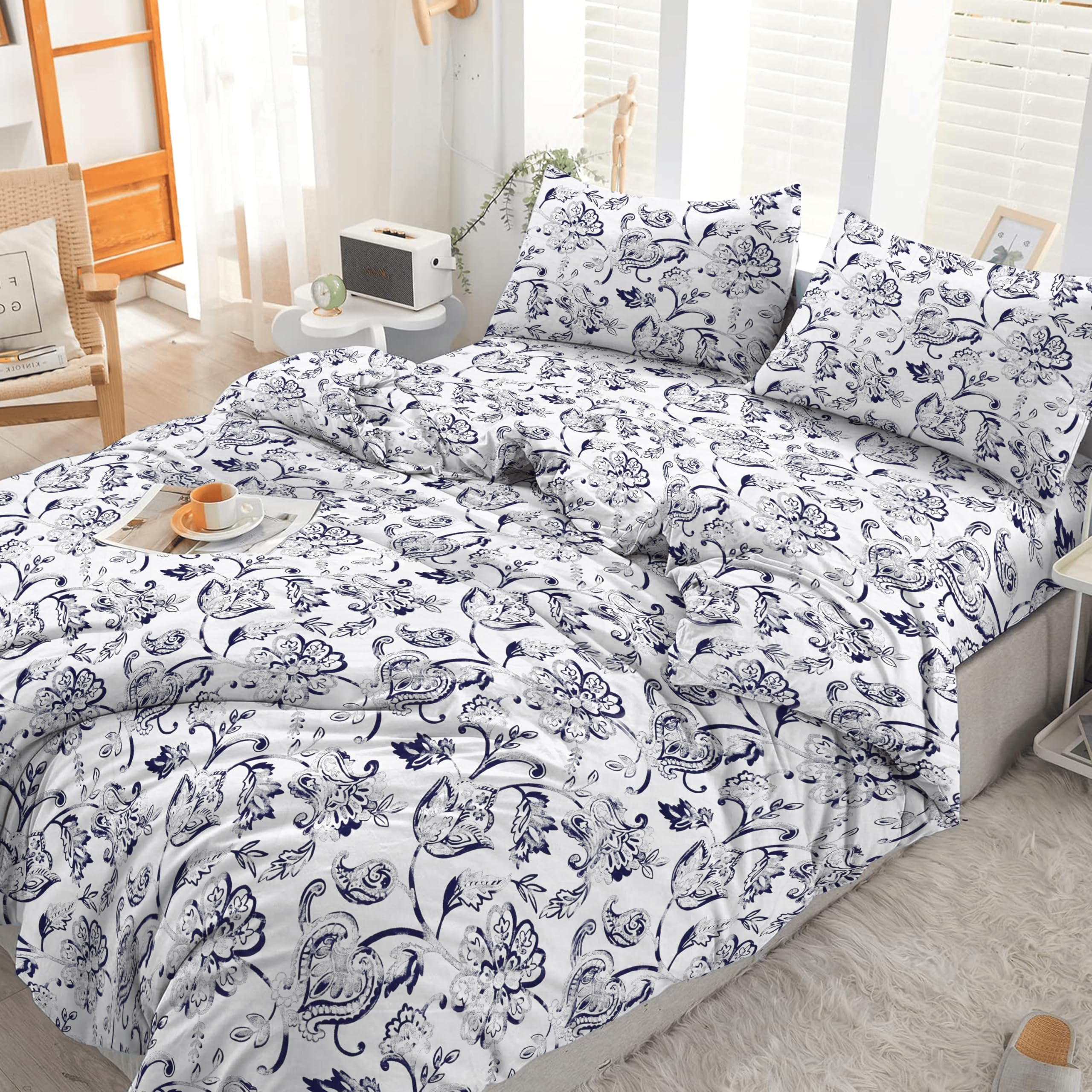 3PCS Double Duvet Cover Set 100% Egyptian Cotton Bedding Double Bed Set 400 Thread Count Floral Printed Vintage Floral Duvet Cover Double with Pillow Cases 2 Pack