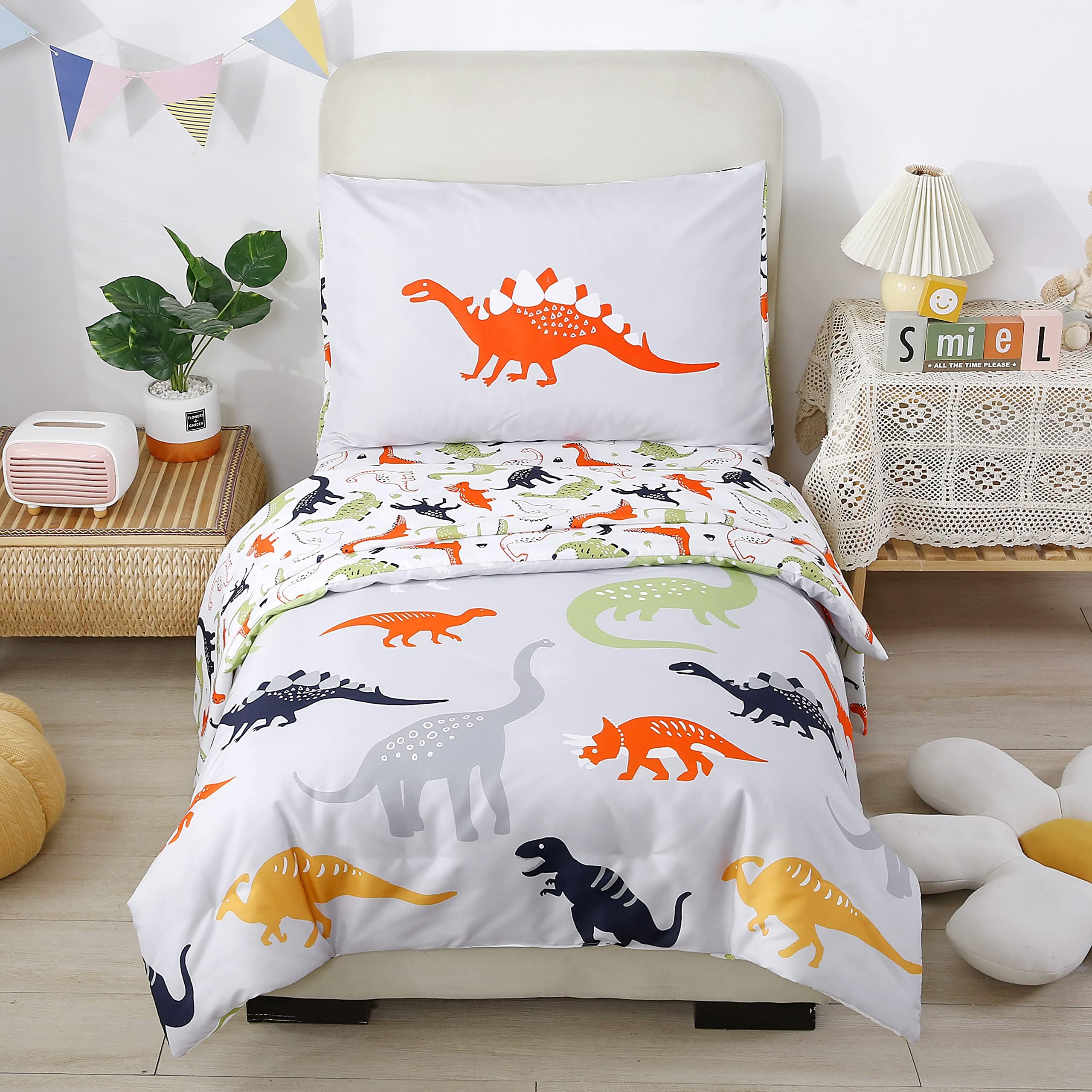 Kids Dinosaur Print Duvet Cover Set Cartoon Animal Pattern Bedding Set for Boys Junior/Toddler/Cot Bed Matched Pillow Case(Reversible, Grey, Cot Bed)