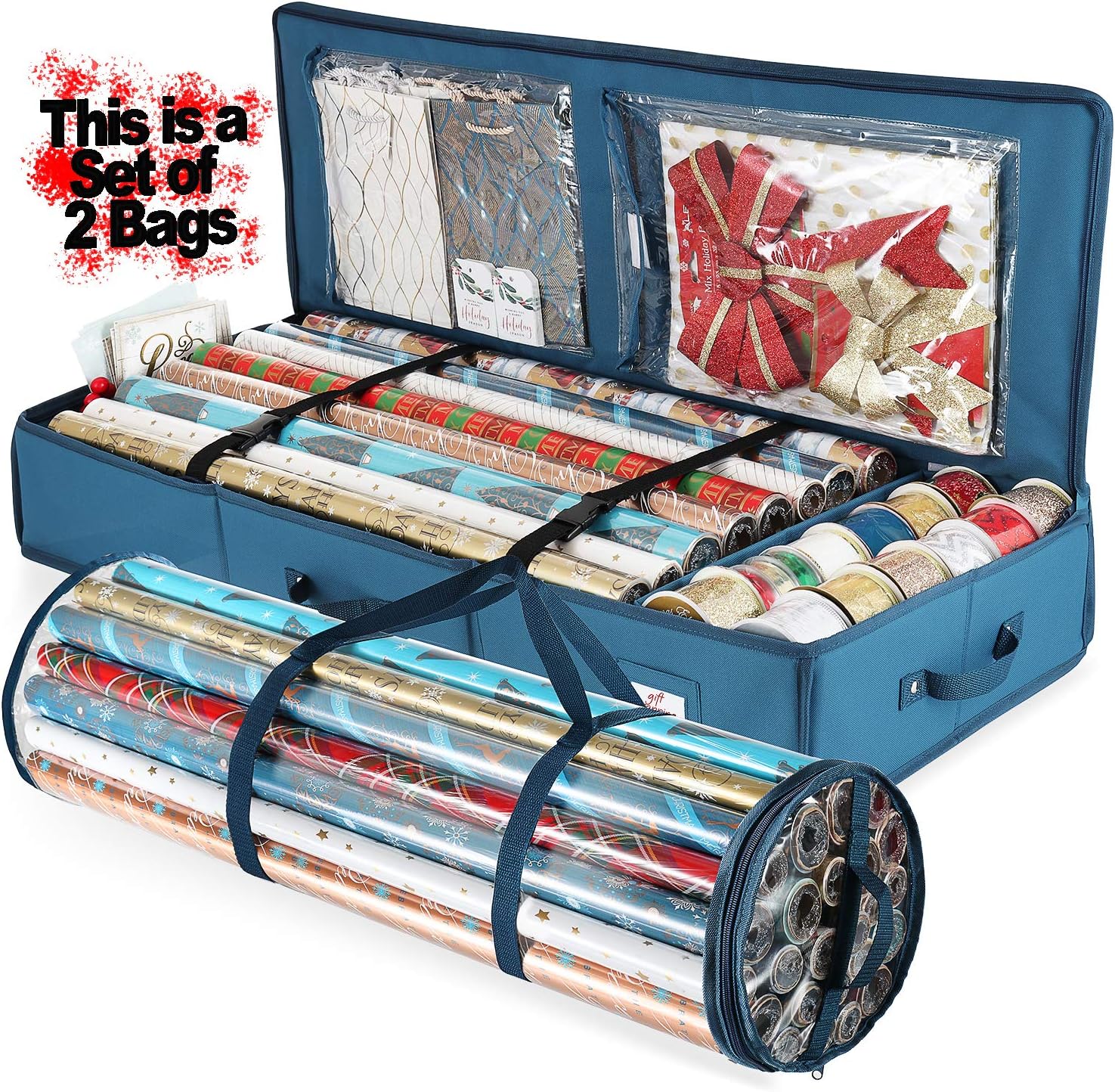 Hearth & Harbor Wrapping Paper Storage Container and Clear Wrap Paper Holder - Christmas Storage Bag with Interior Pockets - Fits Up to 36 Rolls of 40" - Tear Proof, Blue