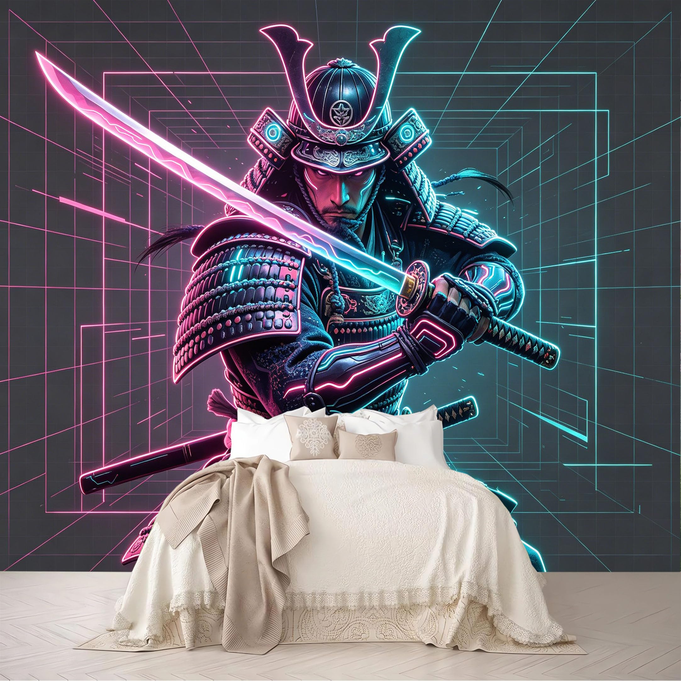 Dskjoviality Ab260706009 Custom Size Wall Mural Neon Samurai Warrior Grid Tech Portrait Wall Art Removable Self Adhesive Peel And Stick Wallpaper For Bedroom Living Room Dining Room