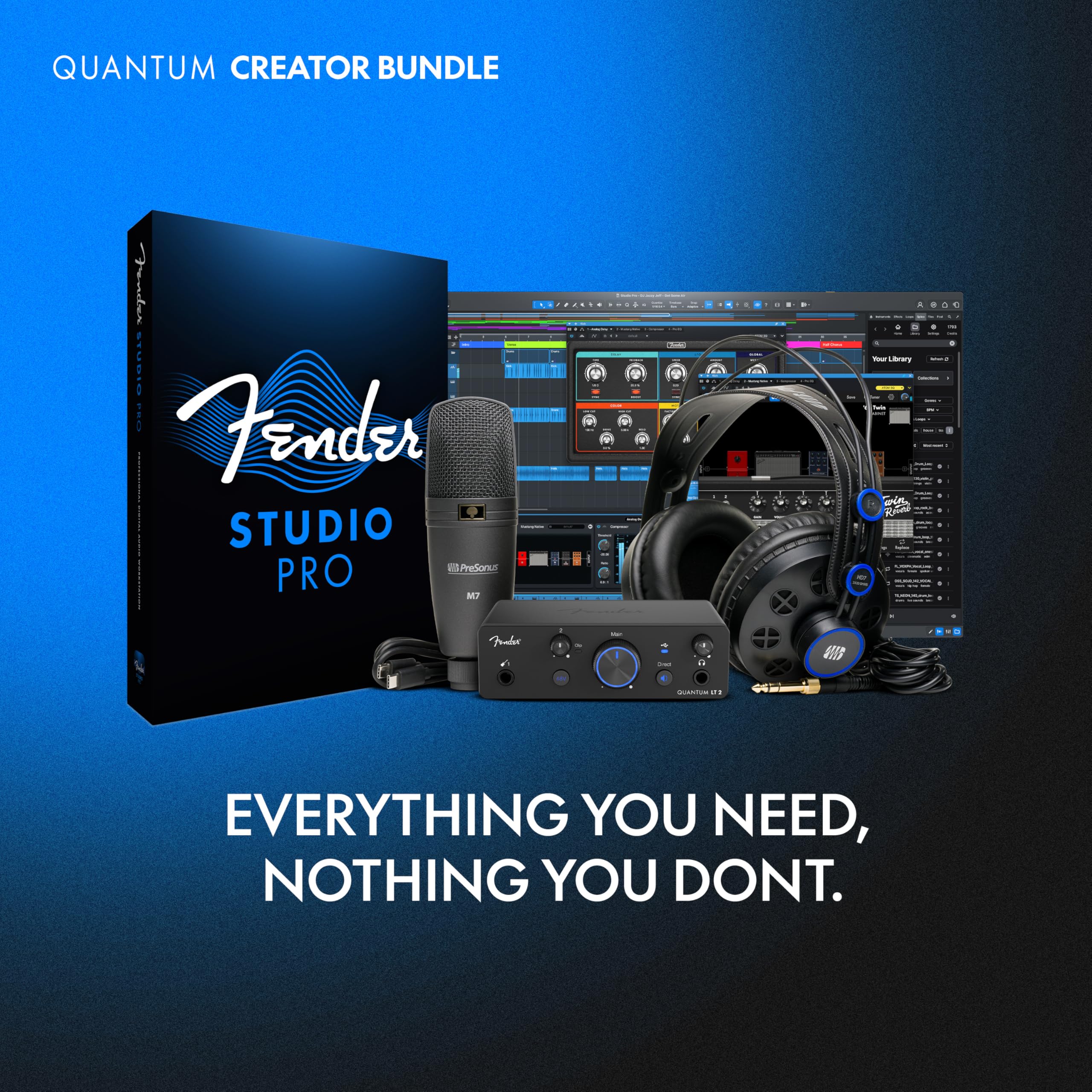 Fender Quantum Creator Bundle | Kit d’enregistrement domestique avec interface USB-C Quantum LT 2, microphone à condensateur M7, casque HD7, Fender Studio Pro, Pack Studio pour débutants