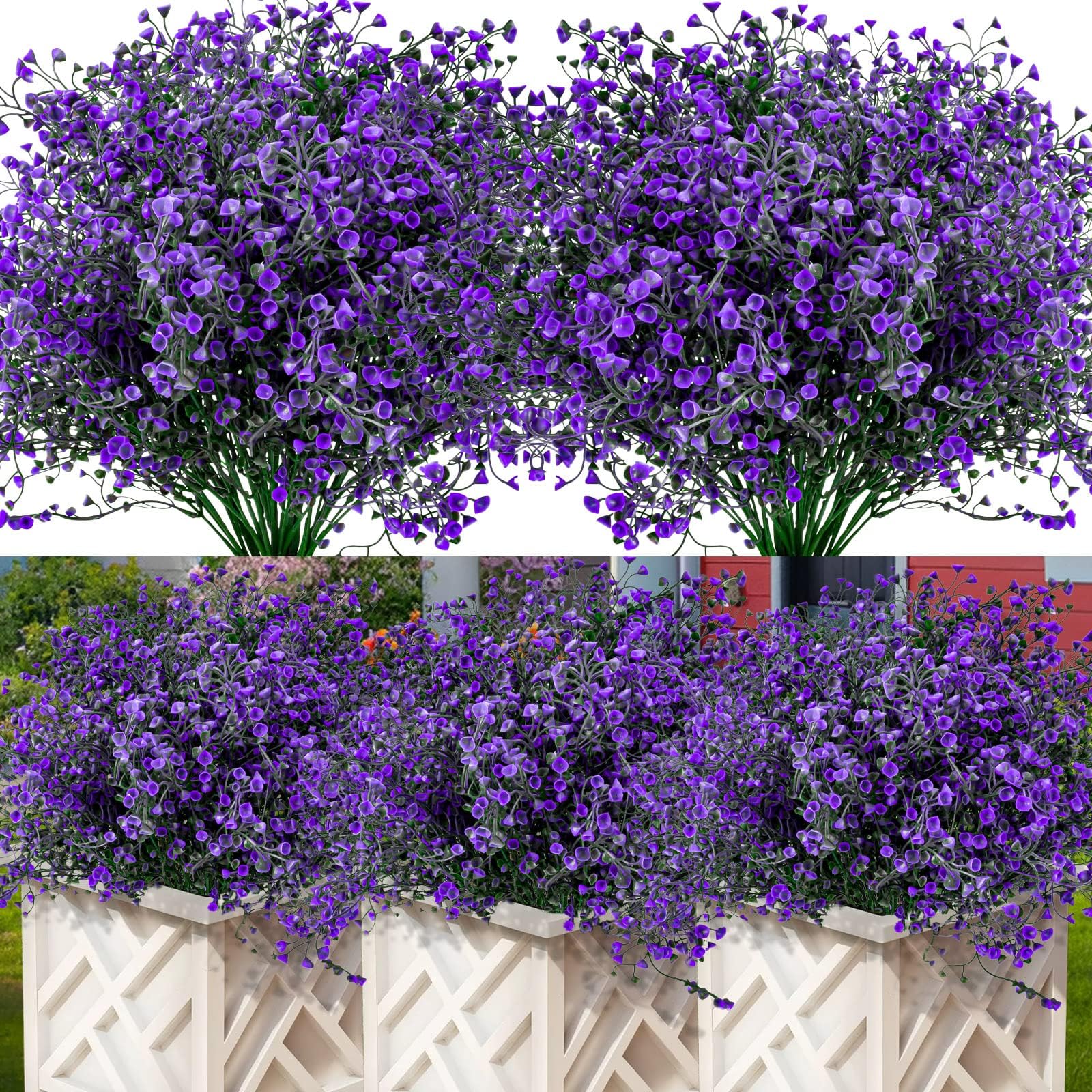 Artificial Flowers Outdoor, 12 Bundles Artificial Shrubs Bushes Fake Plants UV Resistant Faux Plastic Flowers for Outside Garden Porch Hanging Baskets Window Box Decoration, Purple