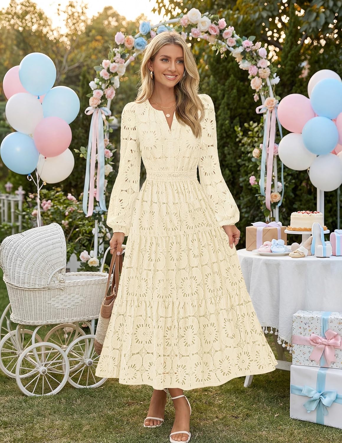 MEROKEETY Women's Fall Long Sleeve Floral Maxi Dress Lace Eyelet Hollow Out Tiered Boho Wedding Guest Dresses Pockets - Image 6