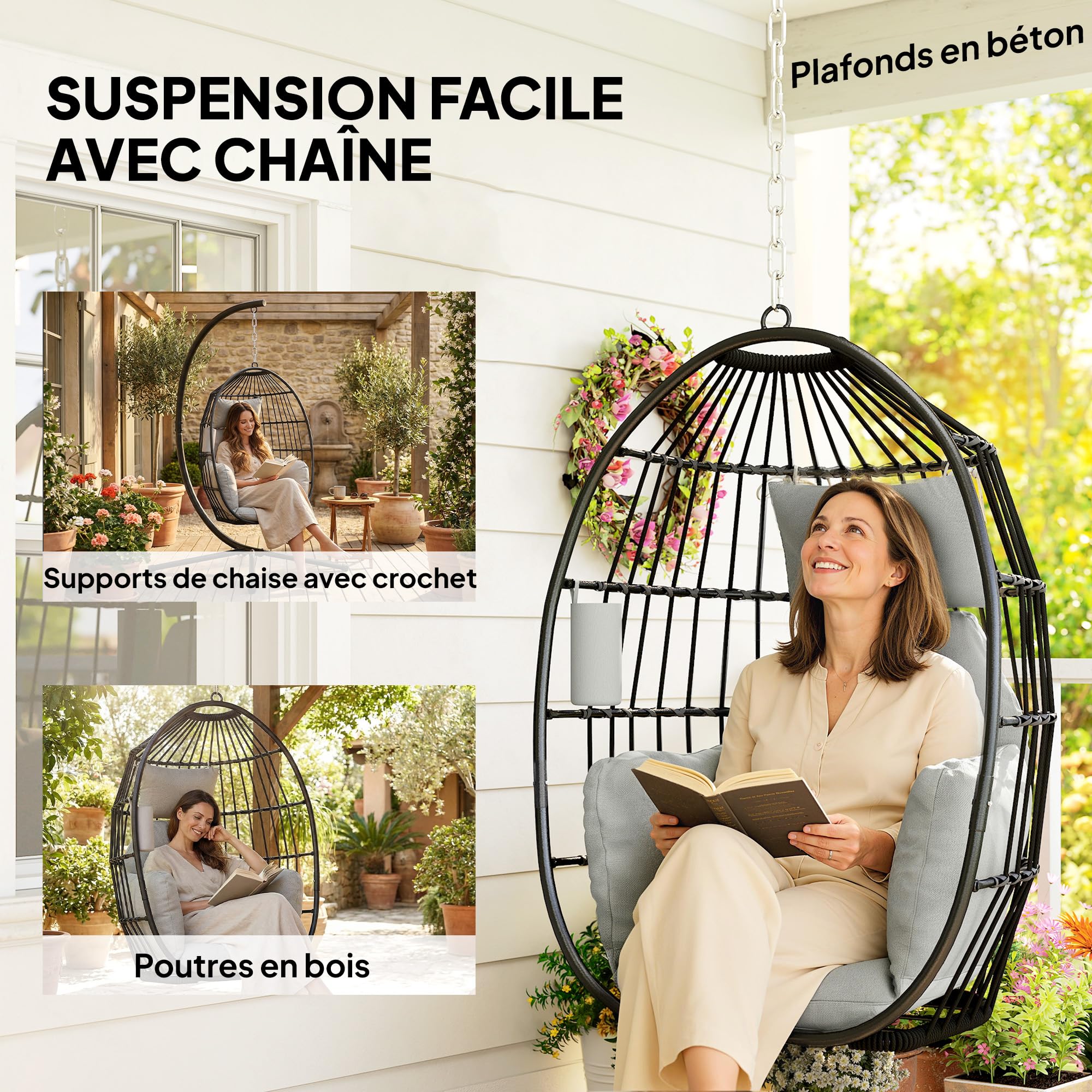 Outsunny Fauteuil Suspendu Fauteuil œuf Suspendu, Chaise hamac balançoire avec Panier Pliable, Coussins rembourrés, Porte-gobelet et Oreiller, pour intérieur et extérieur, capacité 120 kg, Gris foncé