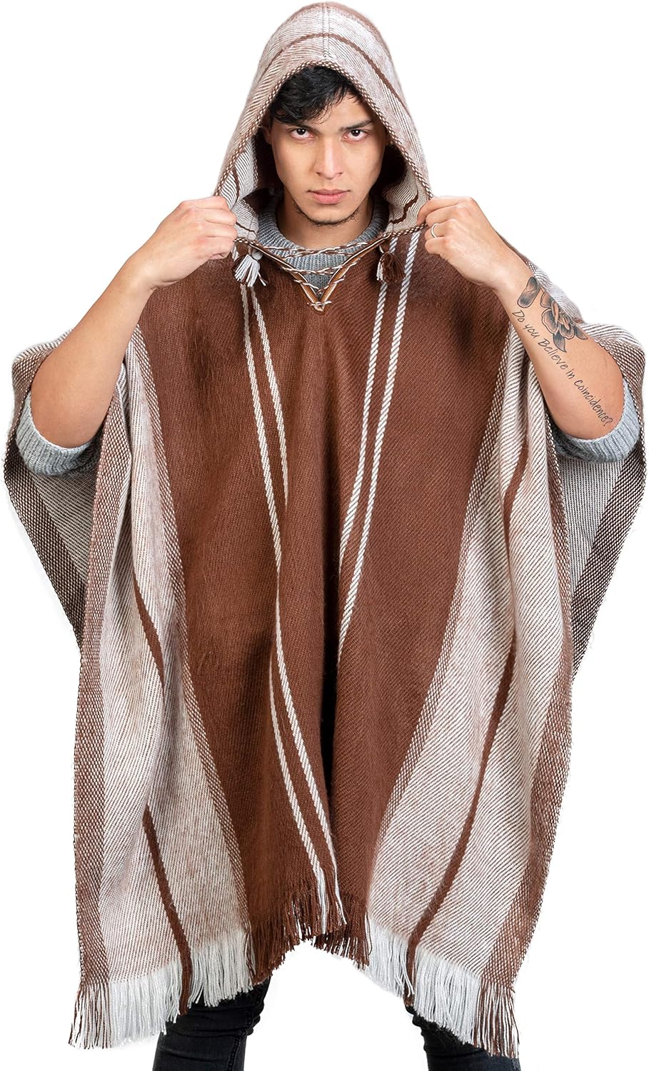 Men's Poncho Cape in Brown and White Alpaca Wool - Hoodie Casual Coat -Fashion Long Poncho