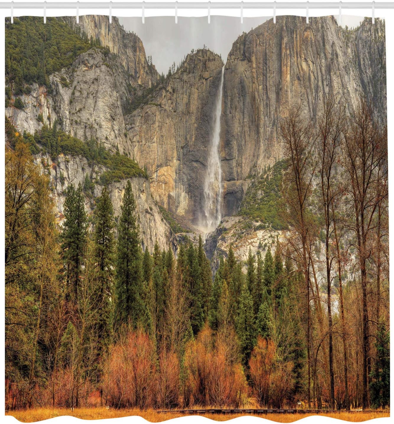 Ambesonne Yosemite Shower Curtain, Waterfalls Trees Mountain Cliff in Autumn Season National Park California Nature Art Print, Cloth Fabric Bathroom Decor Set with Hooks, 69" W x 75" L, Orange Green