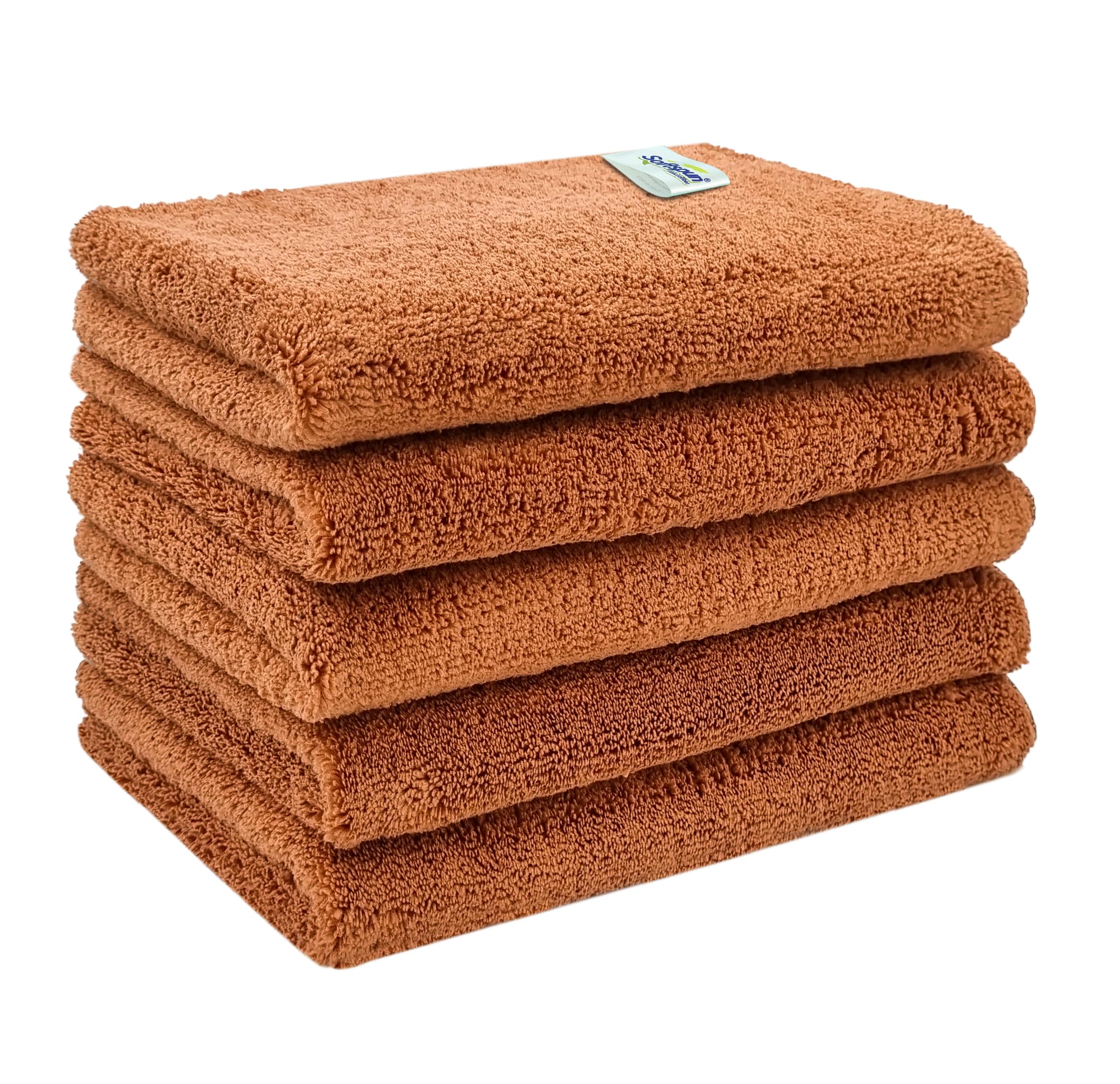 SOFTSPUN Microfiber High Loop Cleaning Cloths, 40x60 cms 5 pcs Towel Set 380 GSM (Brown). Thick Lint & Streak-Free Multipurpose Cloths.