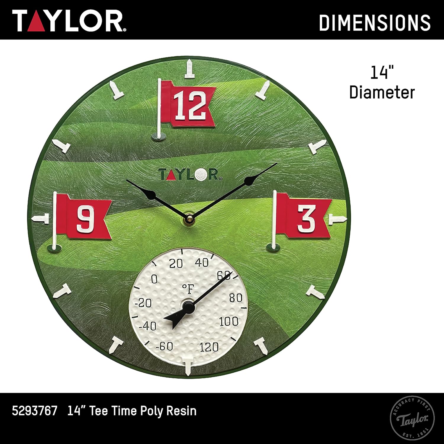 Taylor Tee Time Poly Resin Indoor and Outdoor Clock and Thermometer, Home Decor for Garden, Patio, Pool, and Indoor Areas, 14-inch, Green
