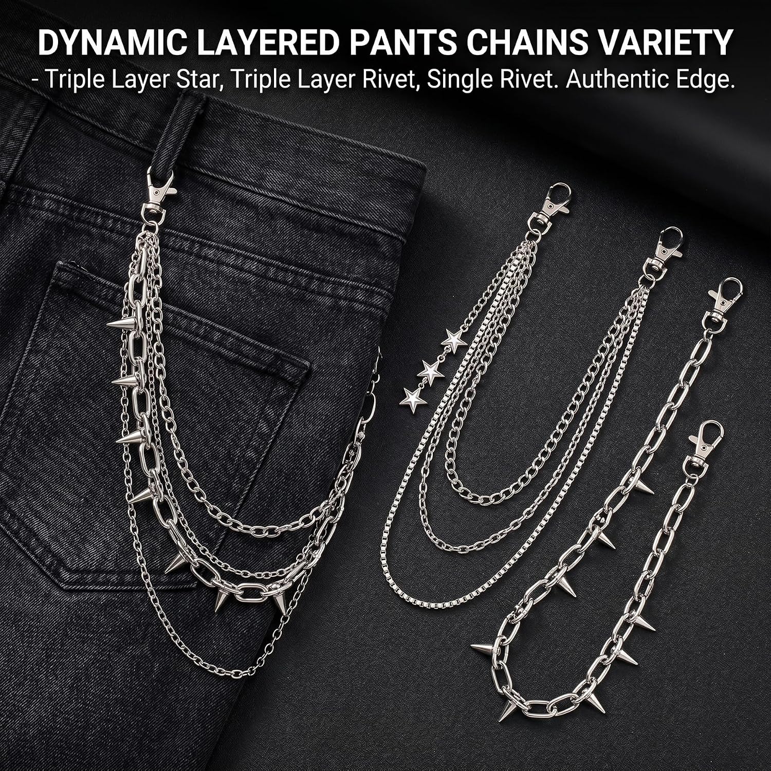 6 PCS Emo Belt & Chain Set - Black Studded Belt Goth Belts for Women