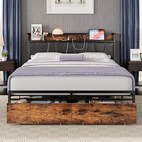 Miniatura 14 de LIKIMIO Base de cama tamaño Queen, cabecera de almacenamiento con estación de carga, cama de plataforma con cajones, no necesita somier, fácil