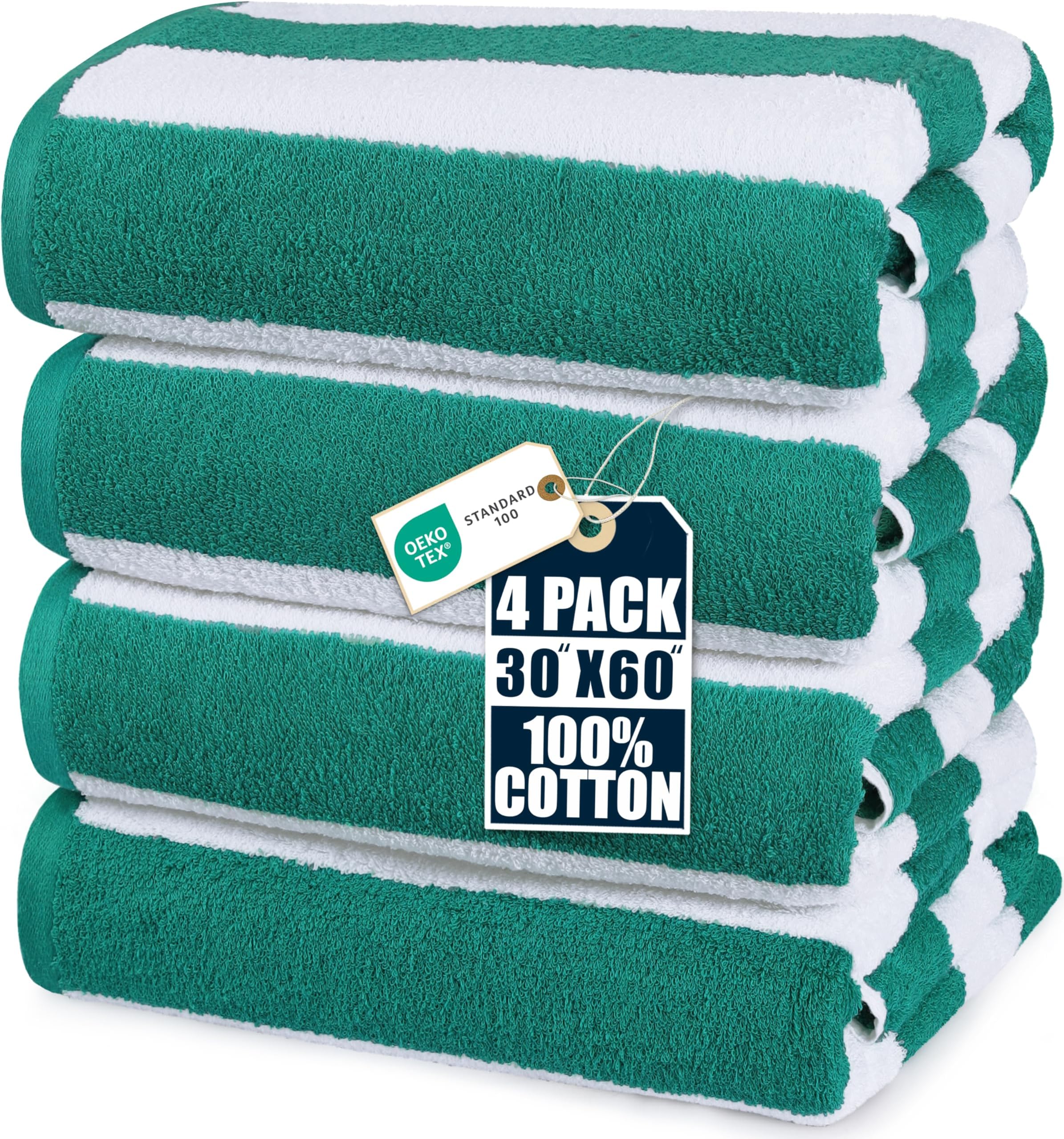 Utopia Towels [4 Pack Cabana Stripe Beach Towel, (30 x 60 Inches) Oversized 100% Ring Spun Cotton Pool Towels, Highly Absorbent Quick Dry Bath Towels for Bathroom, and Swim Towel (Green)