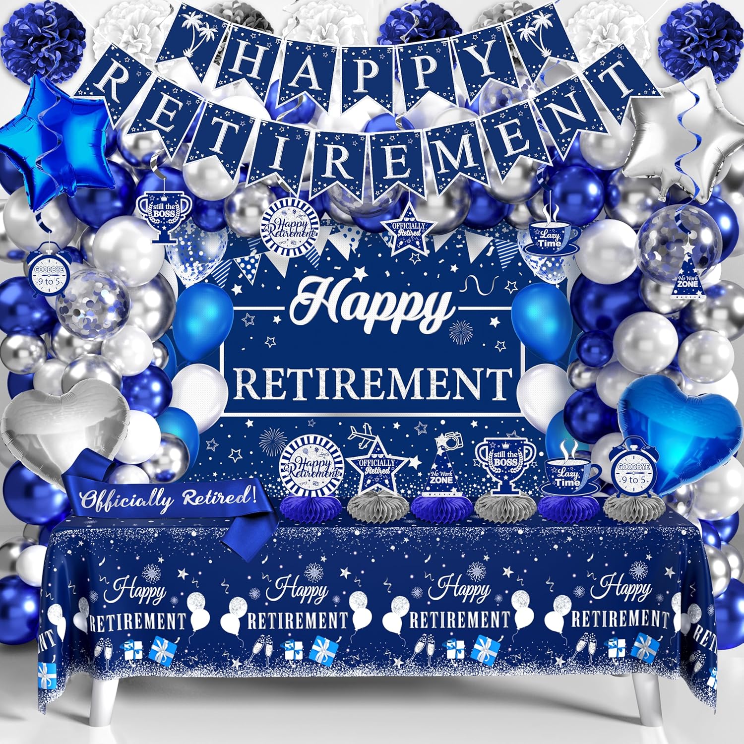Retirement Party Decorations for Men Women 109Pcs Blue Silver Happy Retirement Decorations Include Banner Backdrop Balloons Sash Hanging Swirls Pompoms Tablecloth Honeycomb Centerpiece(Blue Silver)