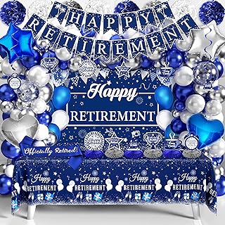 Retirement Party Decorations for Men Women 109Pcs Blue Silver Happy Retirement Decorations Include Banner Backdrop Balloons Sash Hanging Swirls Pompoms Tablecloth Honeycomb Centerpiece(Blue Silver)