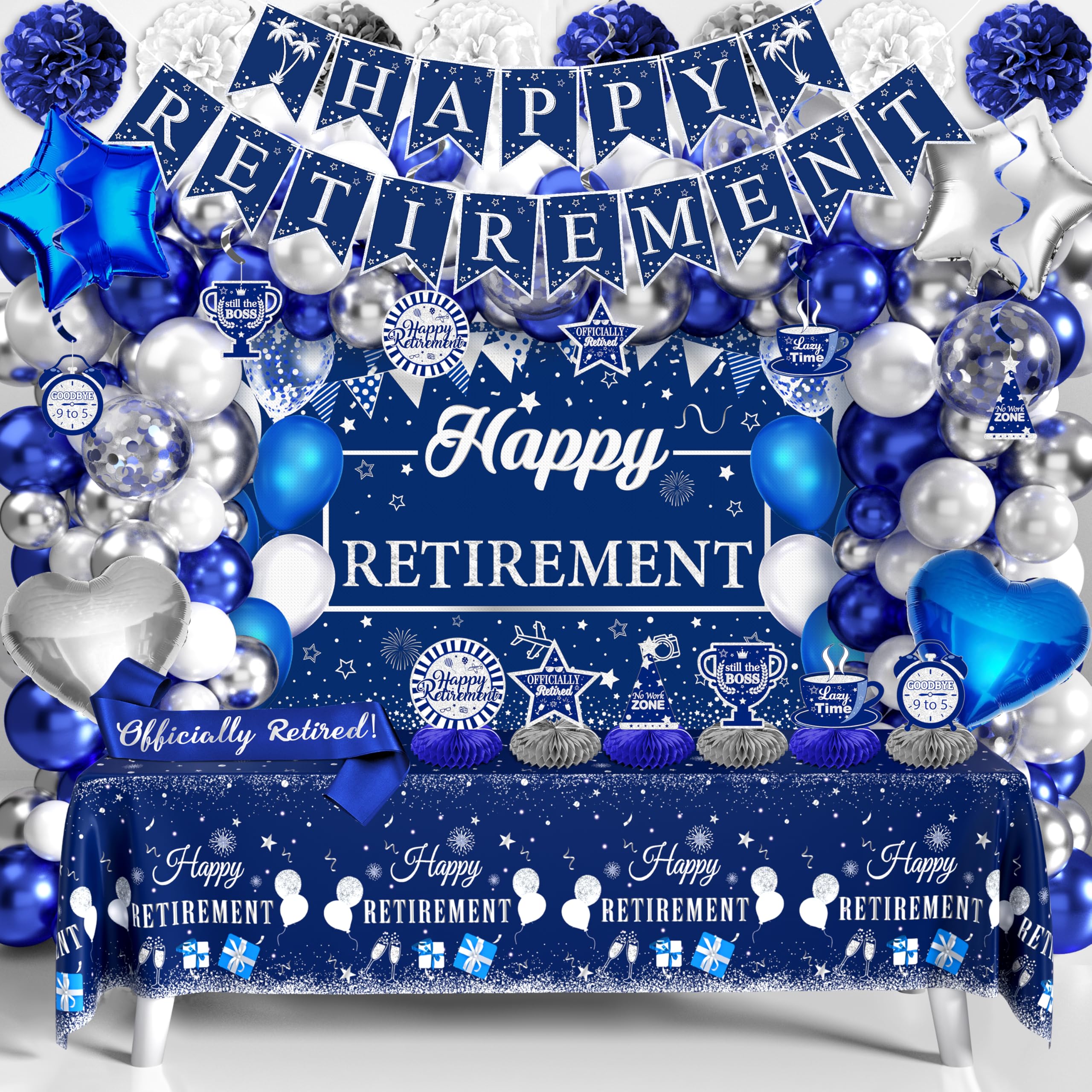Retirement Party Decorations for Men Women 109Pcs Blue Silver Happy Retirement Decorations Include Banner Backdrop Balloons Sash Hanging Swirls Pompoms Tablecloth Honeycomb Centerpiece(Blue Silver)