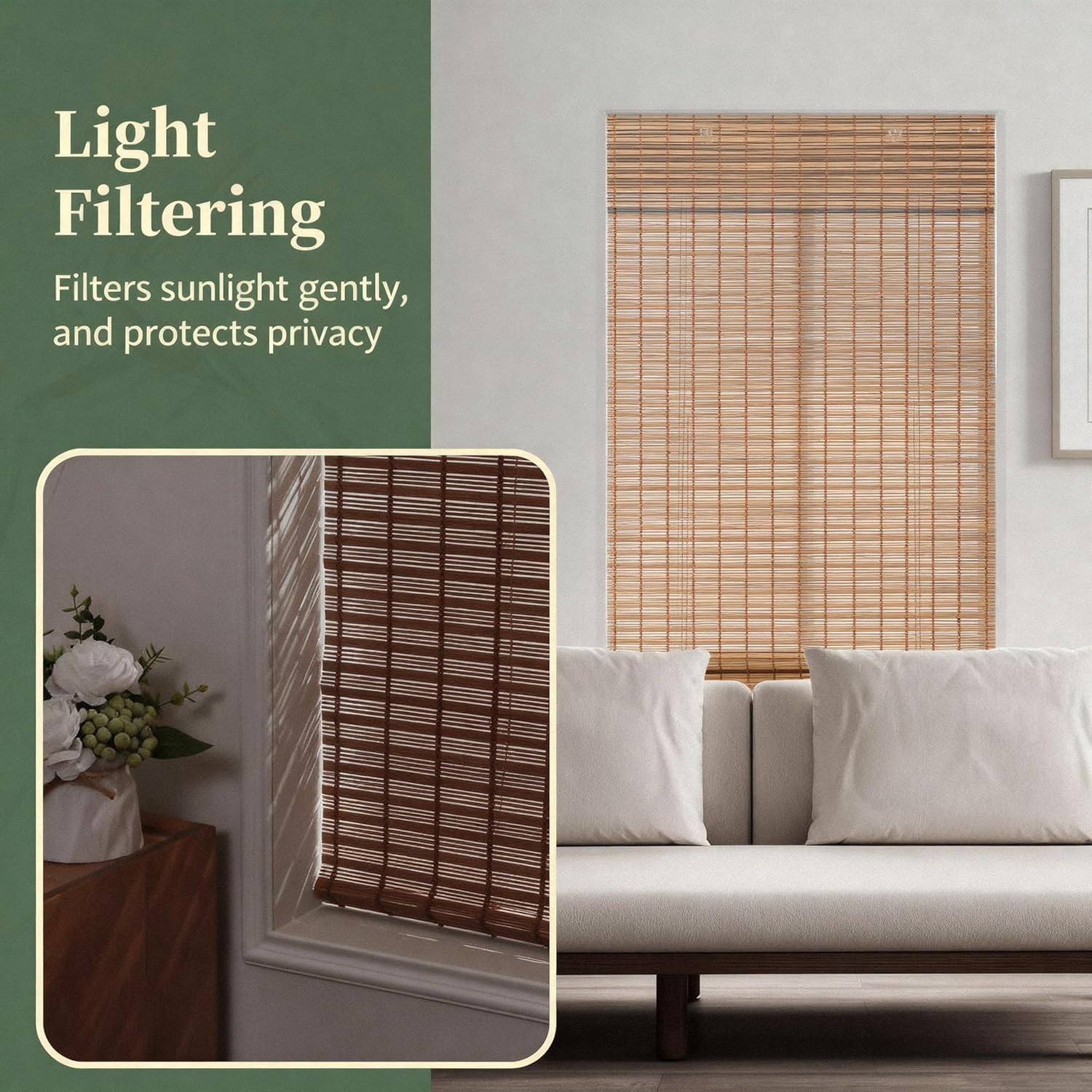 Cordless Bamboo Shades for Windows Bamboo Blinds Window Blinds for Patio Porches. Brown, 58" W x 46" H (147.32cmW x 116.84cmH)