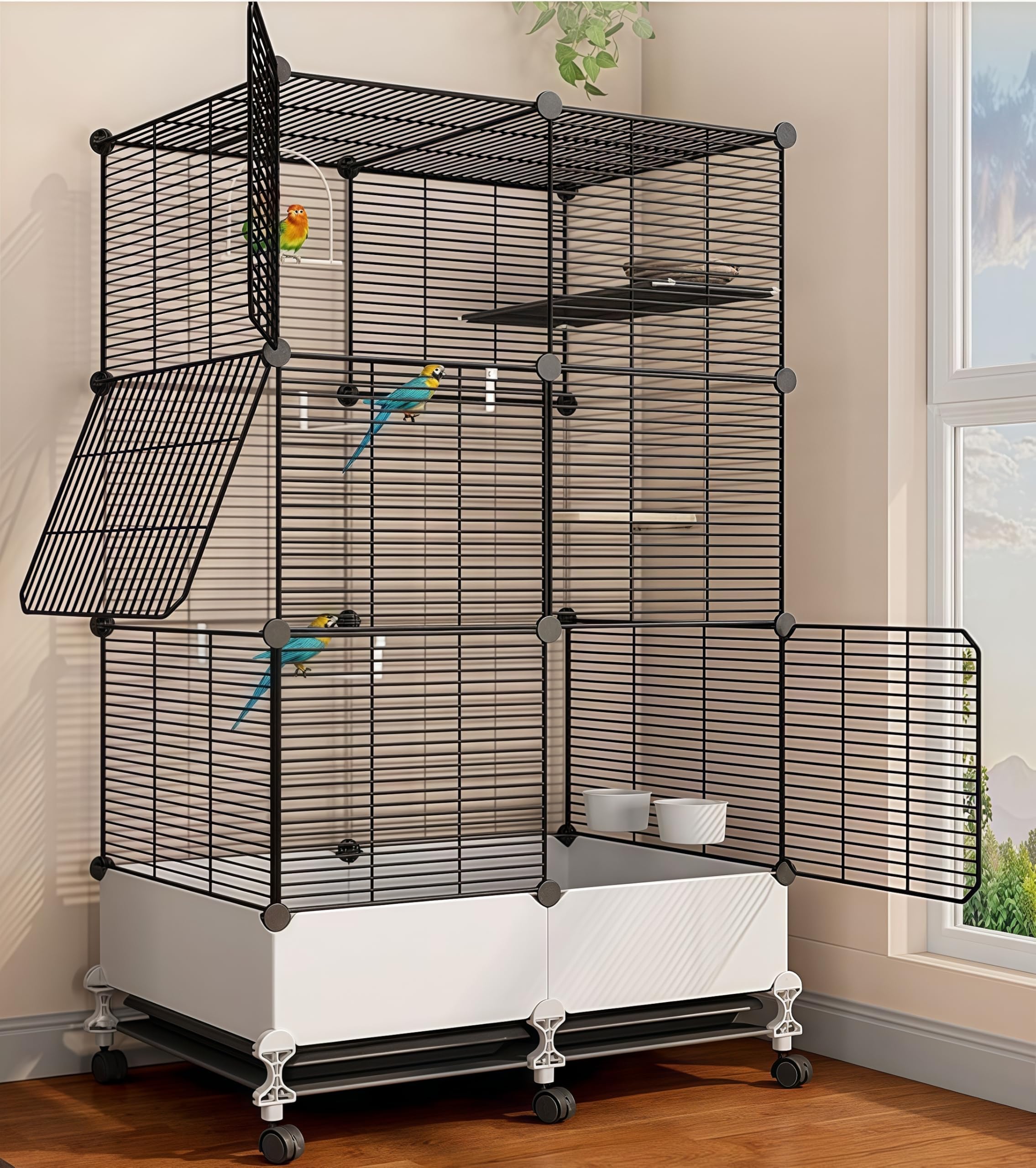MissTiara Bird Cage for Parakeets,Parrotlets, Cockatiels, Budgie Finch Lovebird Canary Pet Bird,Splash-proof food, Easy to install and clean,Accessories included (Black)