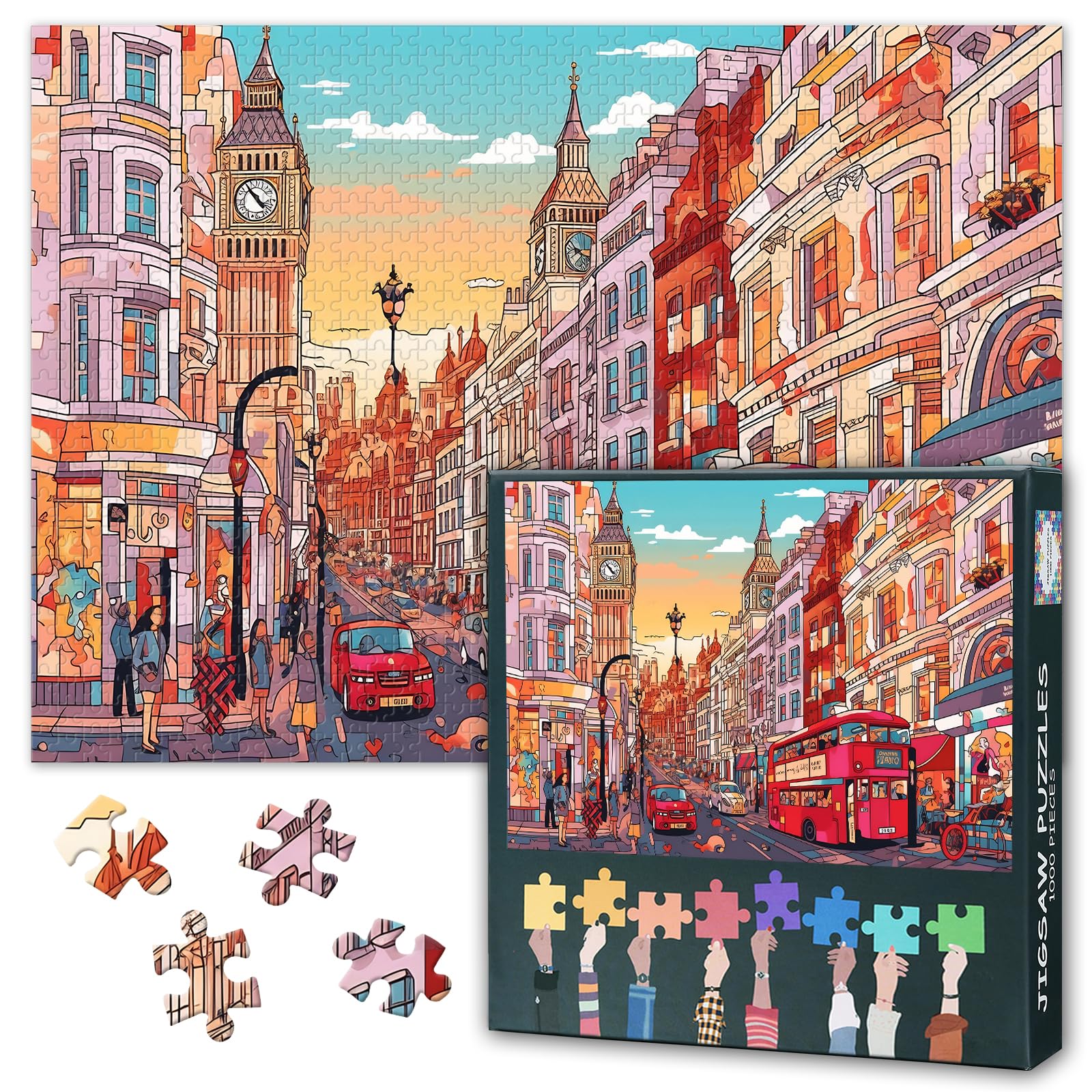 1000 Piece Jigsaw Puzzle for Adults London Cityscape British Architecture Urban Landscape Pattern Houses Big Ben Thames River Skyline Puzzle 27.5x19.7 Inch
