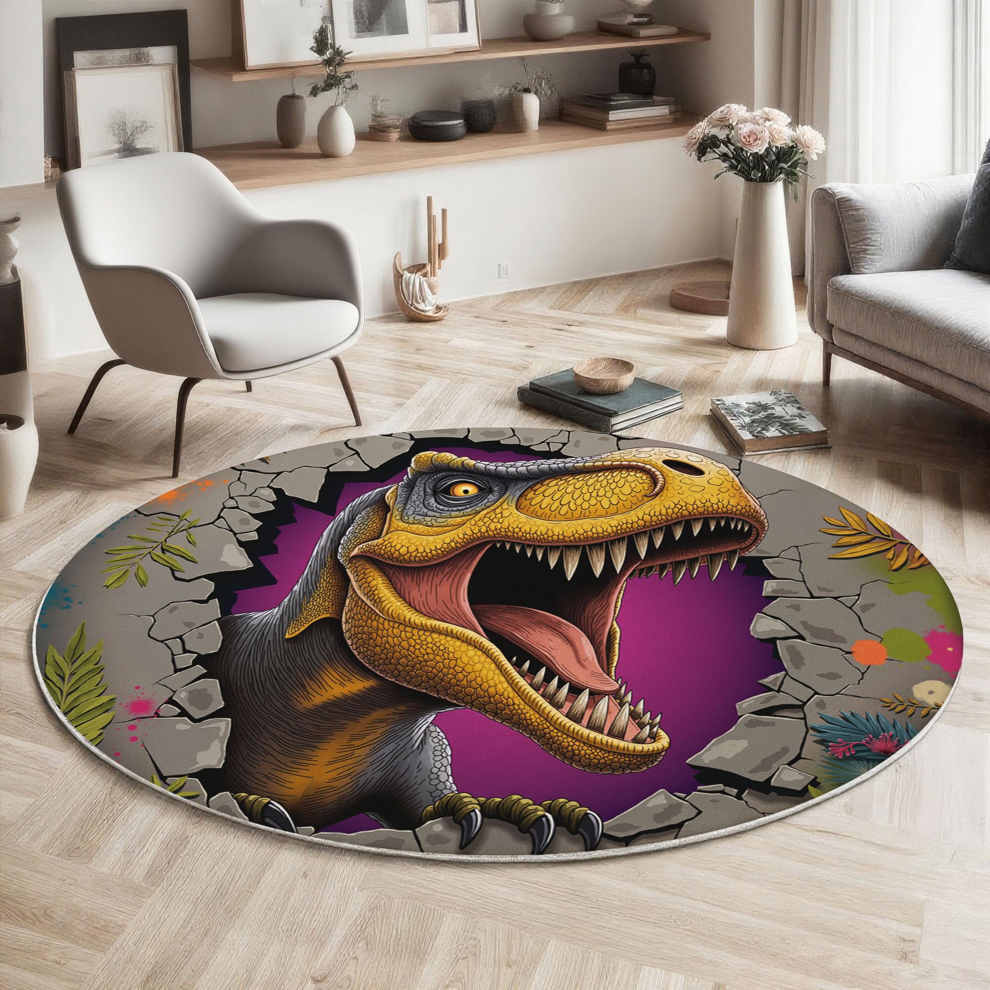 Fantasy Tierwelt Rund Teppich Waschbarer, 120cm Runder Wohnzimmer Schlafzimmer rutschfest Carpet, Flanell Dinosaurier Die Die Mauer Durchbrechen Küchenteppich, Weicher Kreis Senfgelb Teppich
