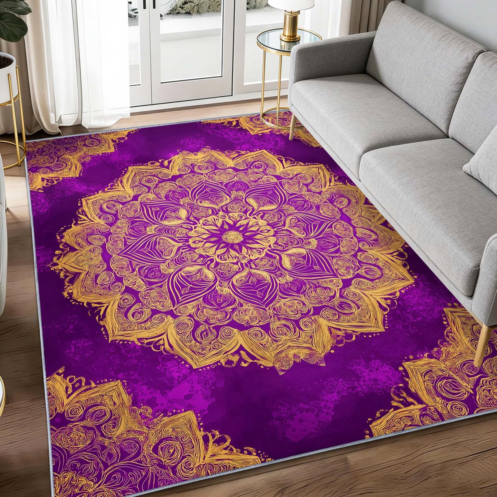Alfombra de mandala de pelo corto abstracta y botánica para comedor