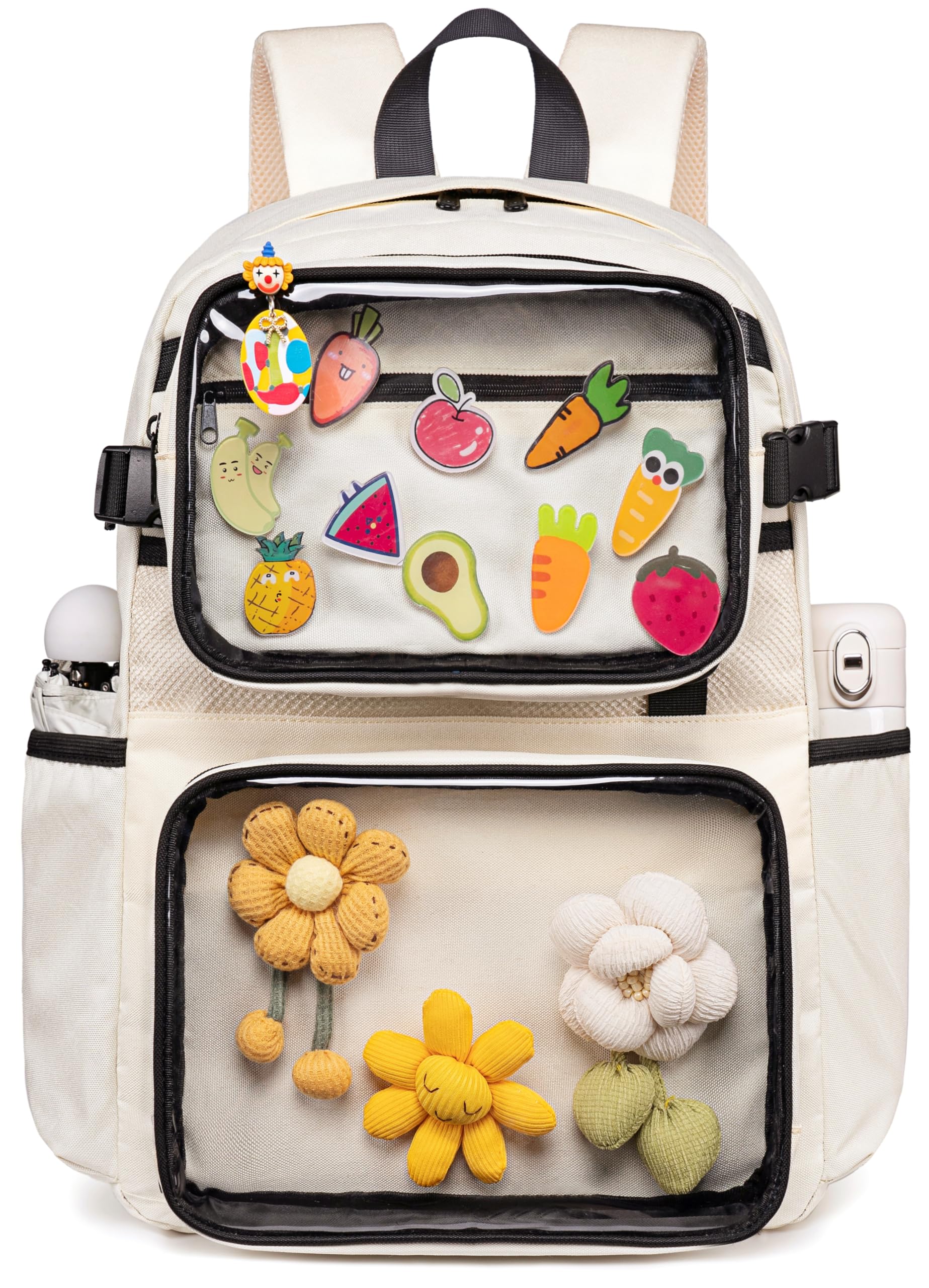 A cream-colored backpack with clear front pockets, perfect for elementary school. It features colorful fruit and vegetable pins on the top pocket and three knitted yellow and white flowers in the bottom pocket—one of the best backpacks for kids!.