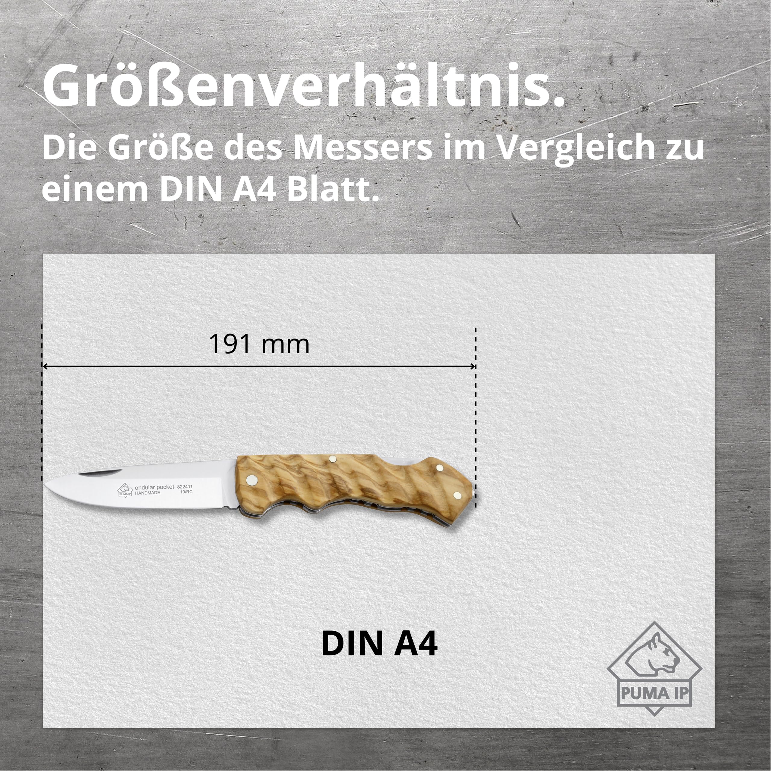 PUMA IP – Taschenmesser Ondular Pocket Olive - Klappmesser - 83mm Klinge aus AN.58 Stahl (58-59 HRC) - Handgefertigt - Griff aus echtem Olivenholz (Art.Nr.: 822411)