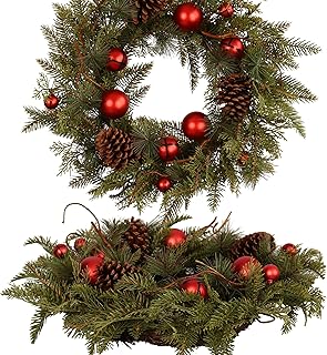 22-Inch Handcrafted Artificial Christmas Wreath with Pinecones, Red Orna...